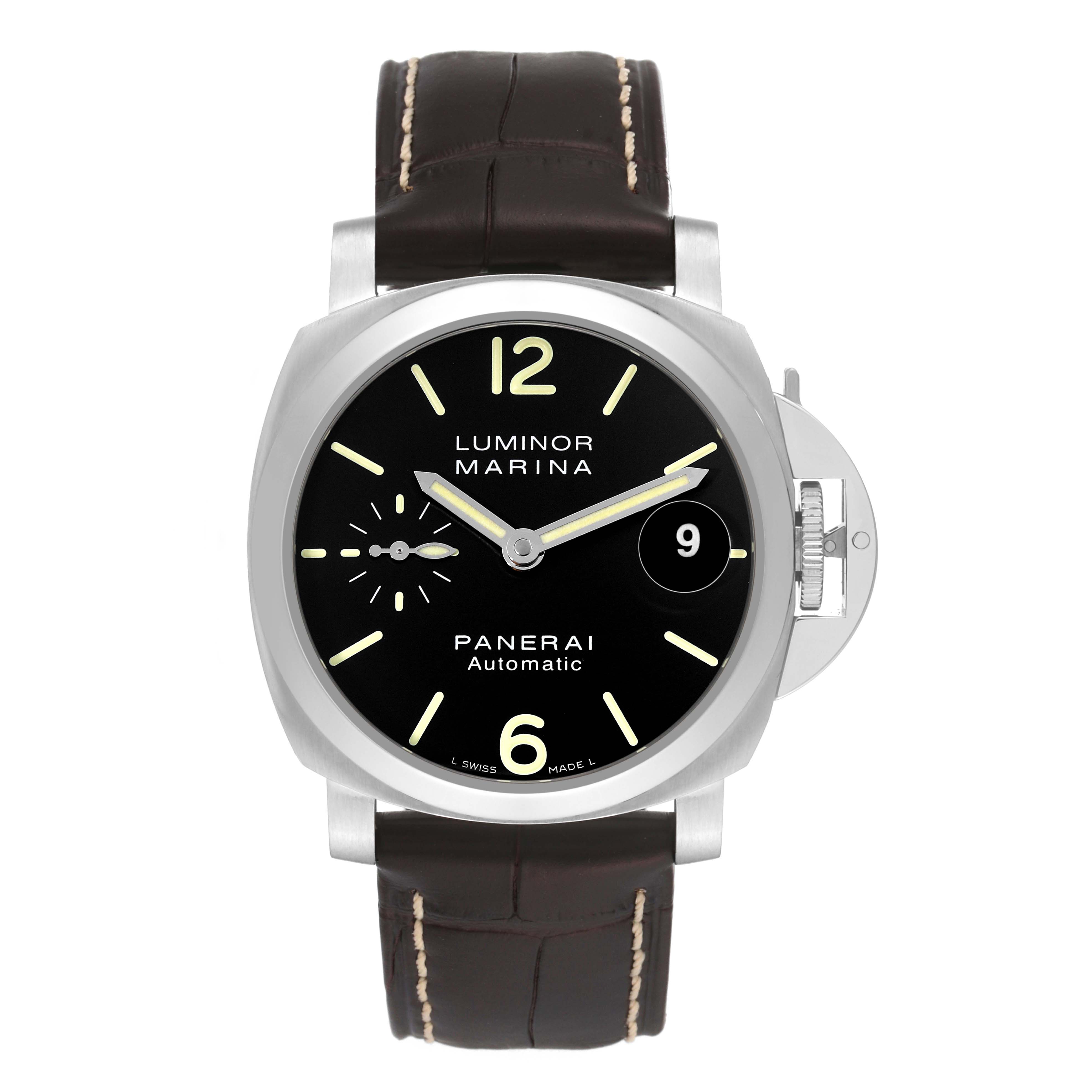 The image shows a front view of a Panerai Luminor PAM00048 Men
s Stainless Steel Black Dial PAM00048 Men
s Stainless Steel Black Dial Marina watch, featuring a black dial, date window, and brown leather strap.