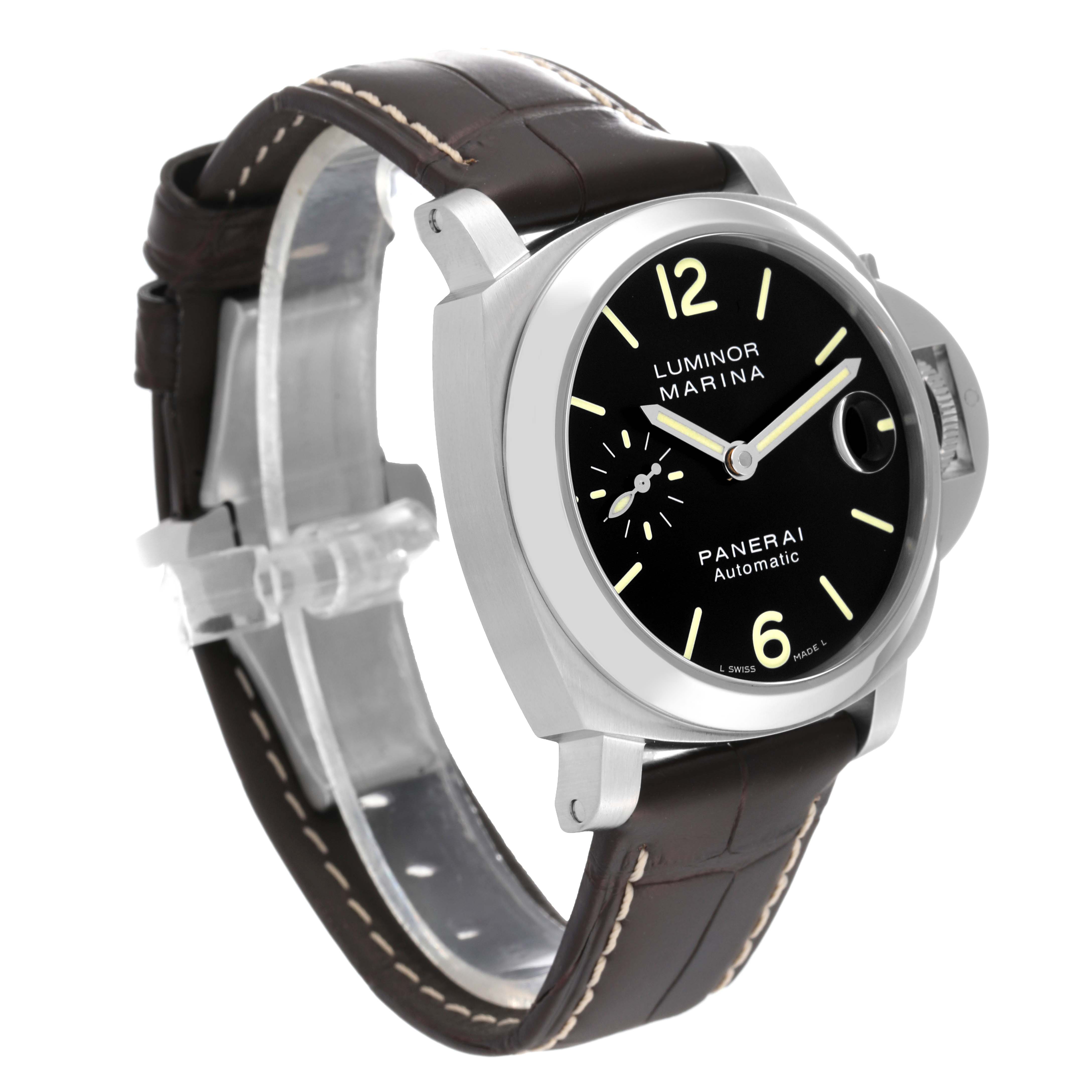 The image shows a side-angle view of a Panerai Luminor PAM00048 Men
s Stainless Steel Black Dial PAM00048 Men
s Stainless Steel Black Dial Marina watch, highlighting its dial, case, and brown leather strap.