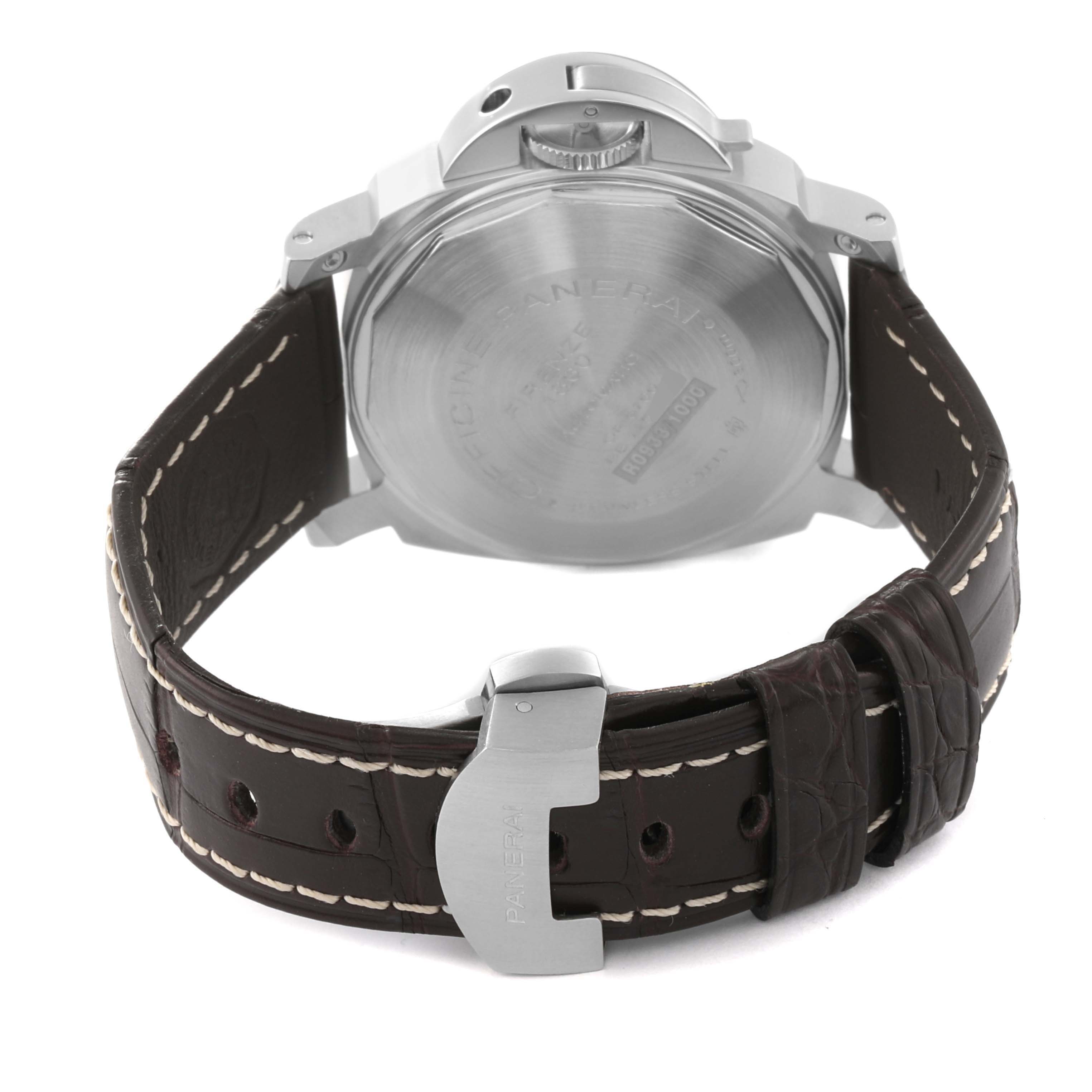 The image shows the back view of a Panerai Luminor PAM00048 Men
s Stainless Steel Black Dial PAM00048 Men
s Stainless Steel Black Dial watch with a detailed look at the leather strap and clasp.