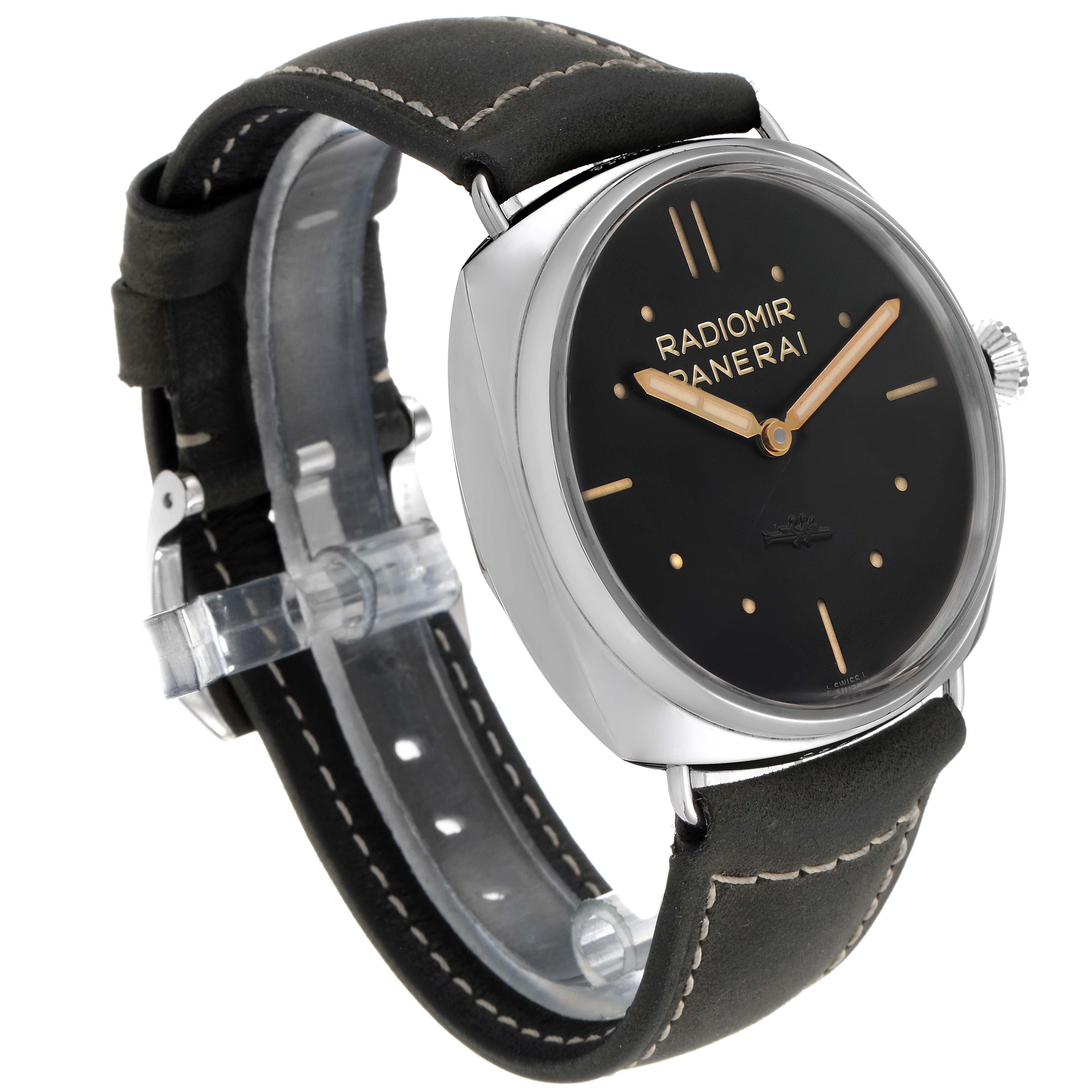 The image shows a Panerai Radiomir PAM00425 Men's Stainless Steel Black Dial PAM00425 Men's Stainless Steel Black Dial watch from an angled side view, highlighting the dial, case, and leather strap.