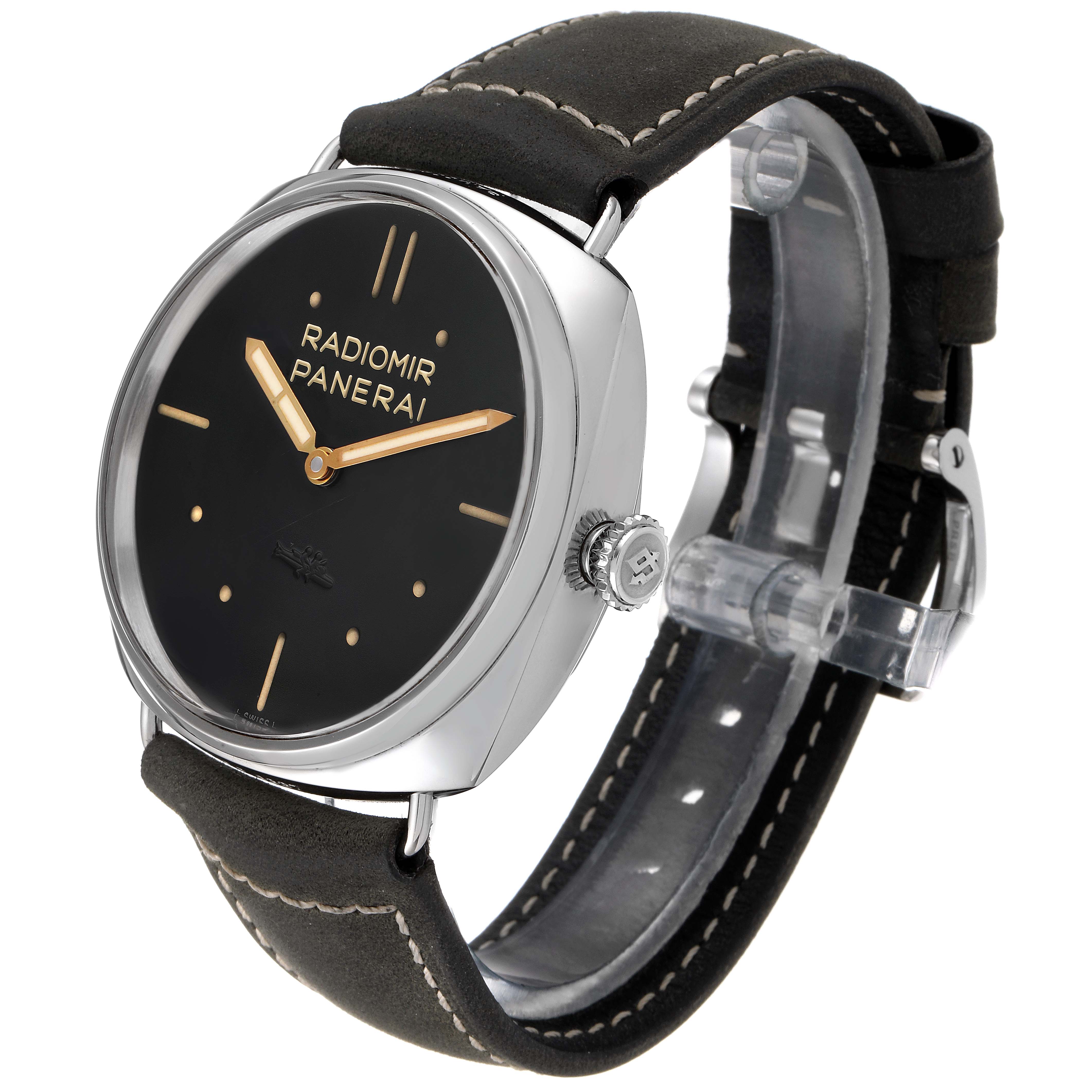 The image shows a side and angled view of the Panerai Radiomir PAM00425 Men's Stainless Steel Black Dial PAM00425 Men's Stainless Steel Black Dial watch, highlighting the face, case, crown, and strap.