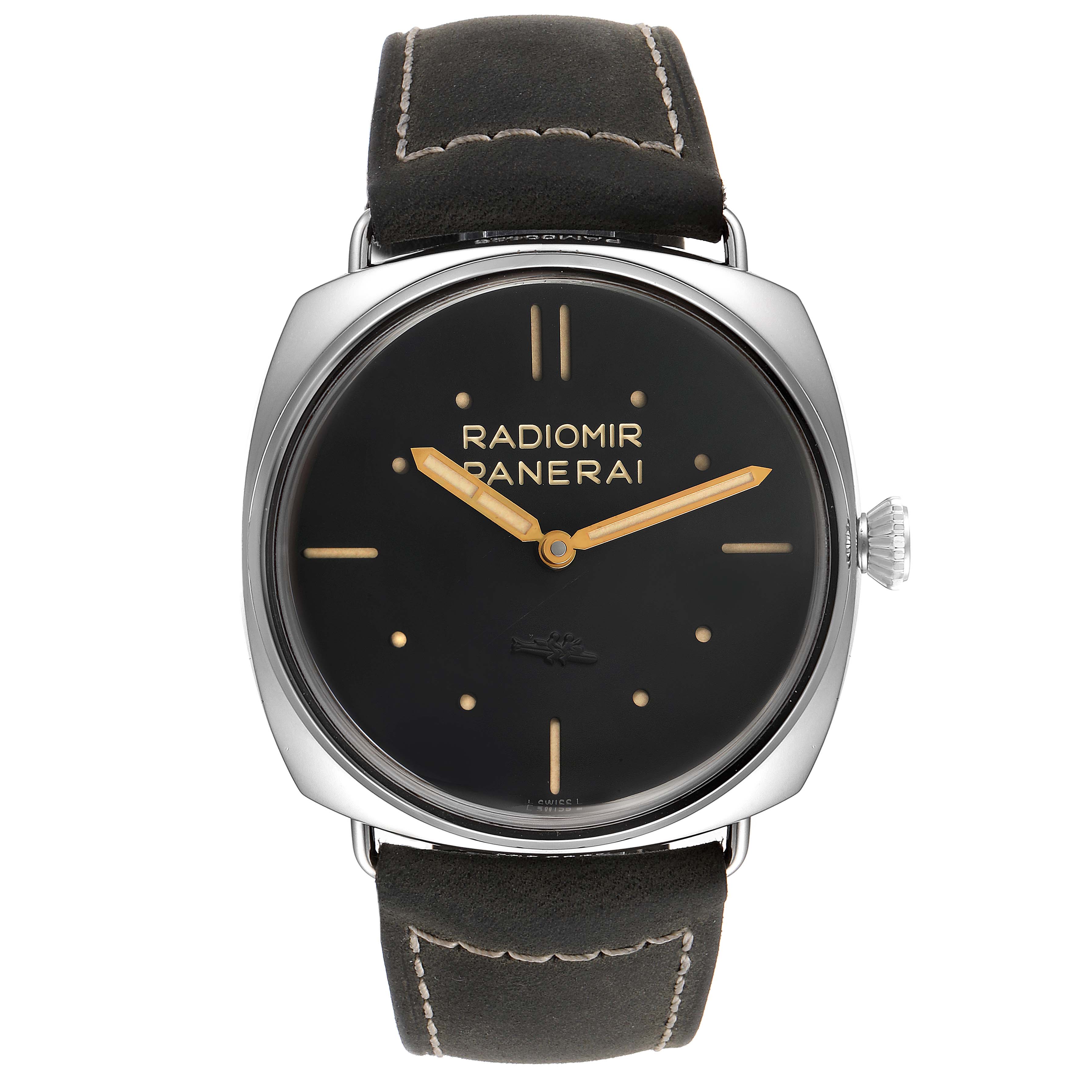 The image shows a front view of a Panerai Radiomir PAM00425 Men's Stainless Steel Black Dial PAM00425 Men's Stainless Steel Black Dial watch, highlighting the face, hands, and leather strap.