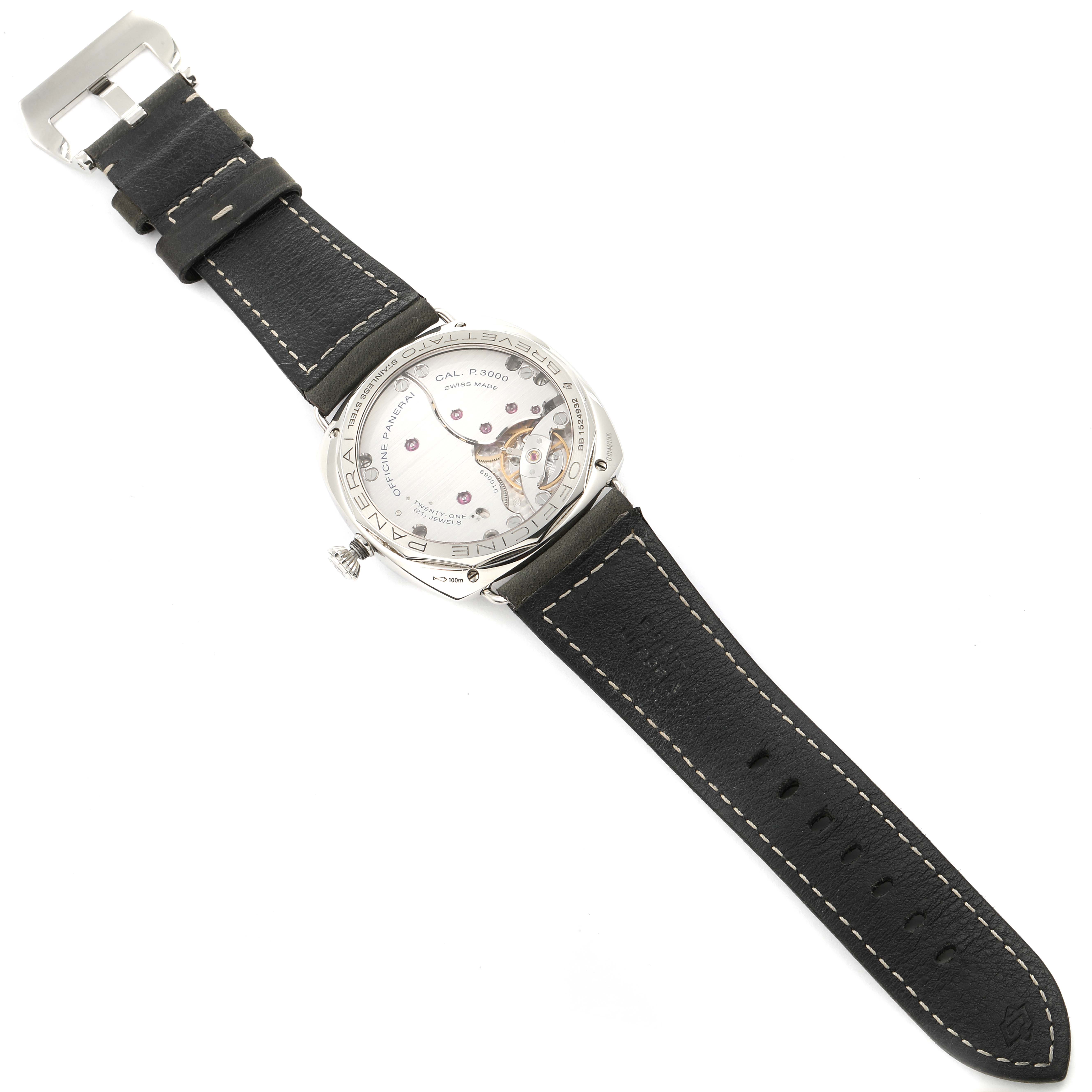 This image shows the back of a Panerai Radiomir PAM00425 Men's Stainless Steel Black Dial PAM00425 Men's Stainless Steel Black Dial watch, highlighting its transparent case back and black leather strap.