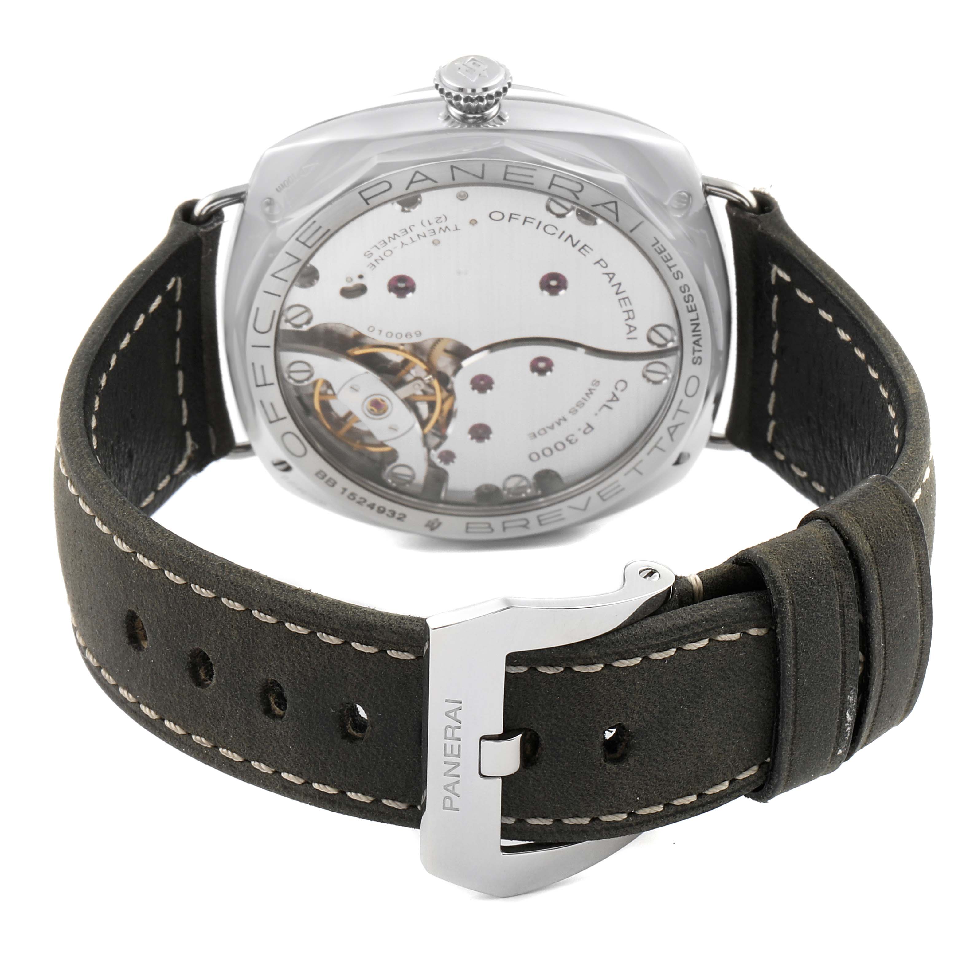 The image shows the back view of a Panerai Radiomir PAM00425 Men's Stainless Steel Black Dial PAM00425 Men's Stainless Steel Black Dial watch, focusing on the strap, buckle, and transparent case back revealing the movement.