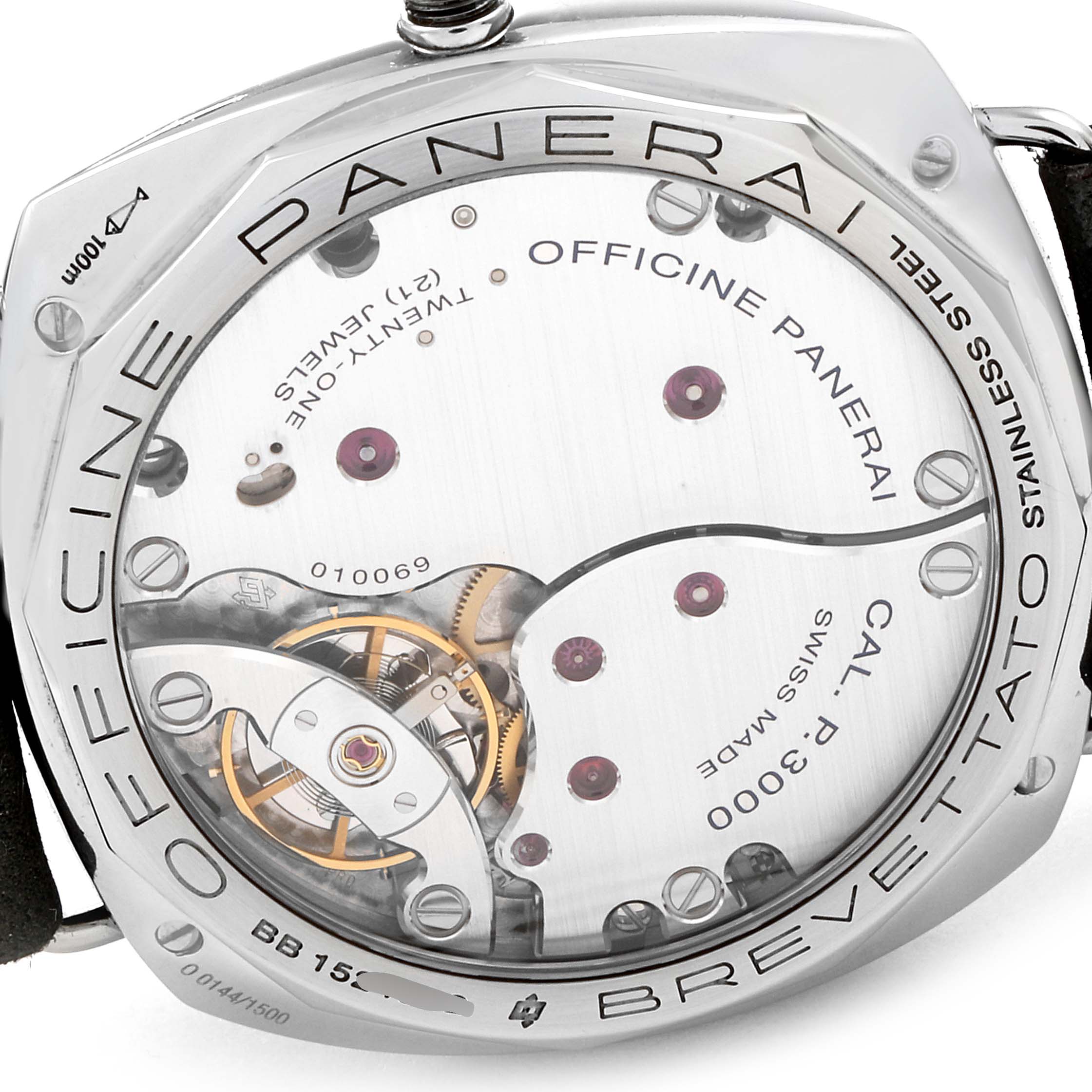 The image shows the back view of a Panerai Radiomir PAM00425 Men's Stainless Steel Black Dial PAM00425 Men's Stainless Steel Black Dial watch, revealing its movement and internal components.