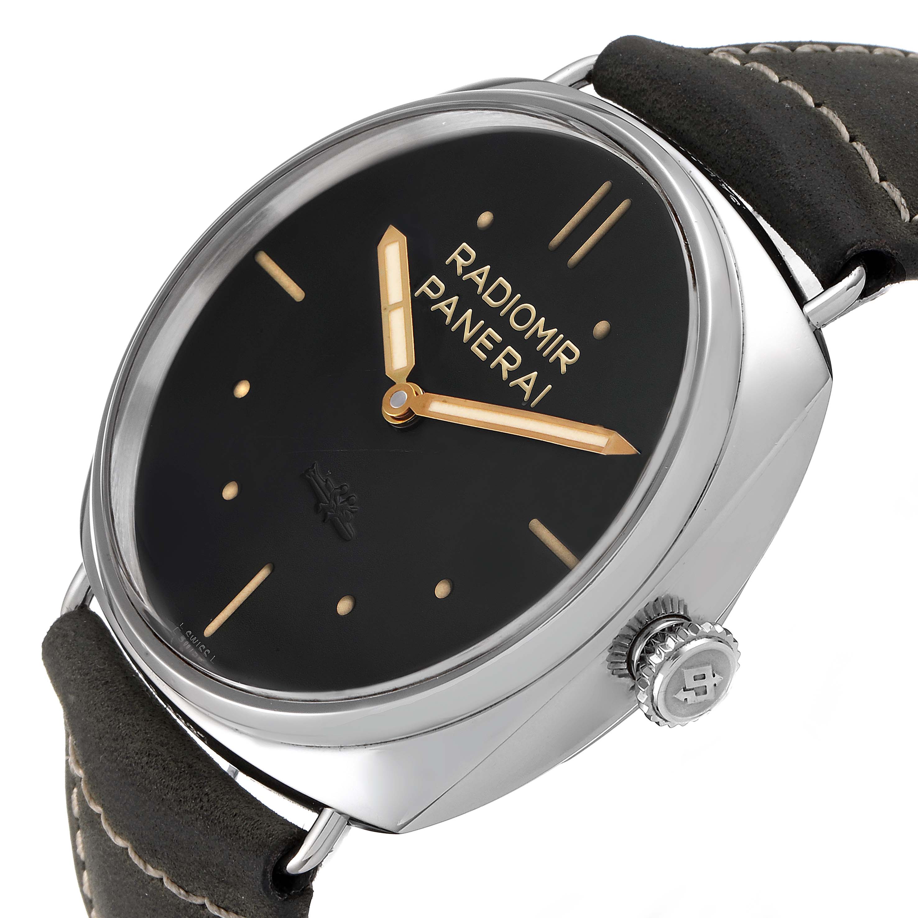 This image shows a Panerai Radiomir PAM00425 Men's Stainless Steel Black Dial PAM00425 Men's Stainless Steel Black Dial watch at an angled view, highlighting its dial, hands, case, and crown.