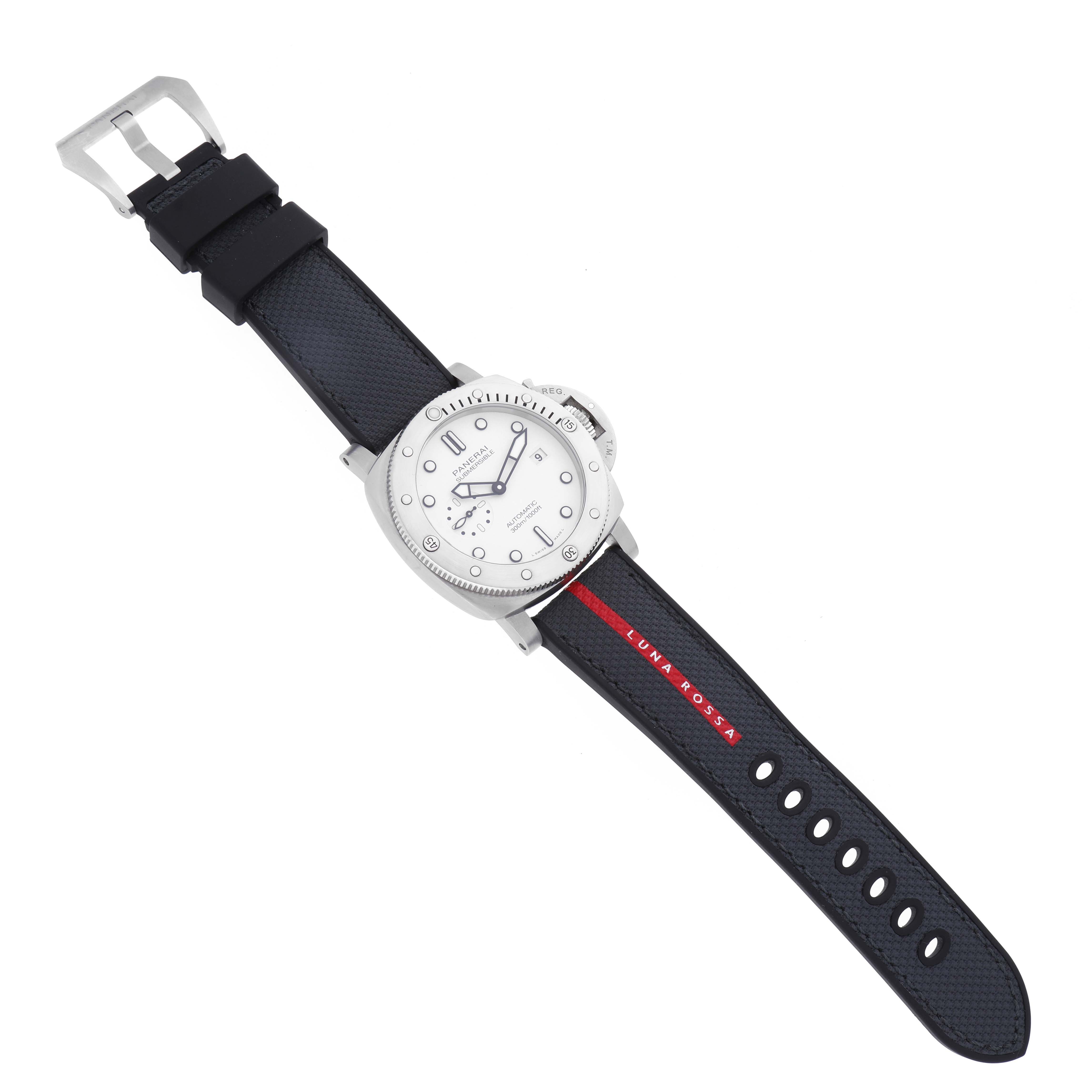 The Panerai Submersible PAM01226 Men's Stainless Steel White Dial PAM01226 Men's Stainless Steel White Dial watch is shown from a top-down angle, highlighting the dial, bezel, and strap with "Luna Rossa" text.