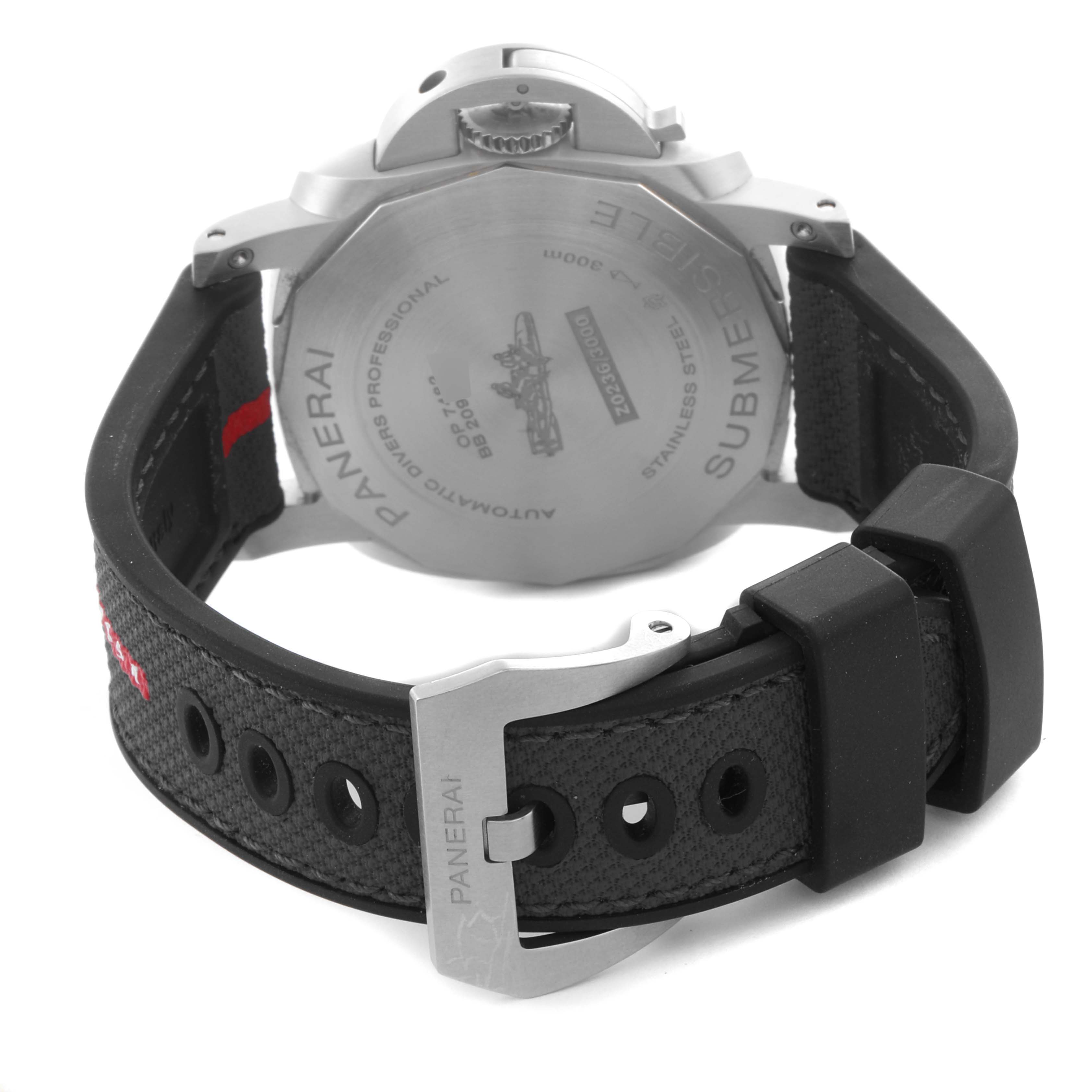 The image shows the back and buckle of the Panerai Submersible PAM01226 Men's Stainless Steel White Dial PAM01226 Men's Stainless Steel White Dial watch, highlighting its strap and case back.