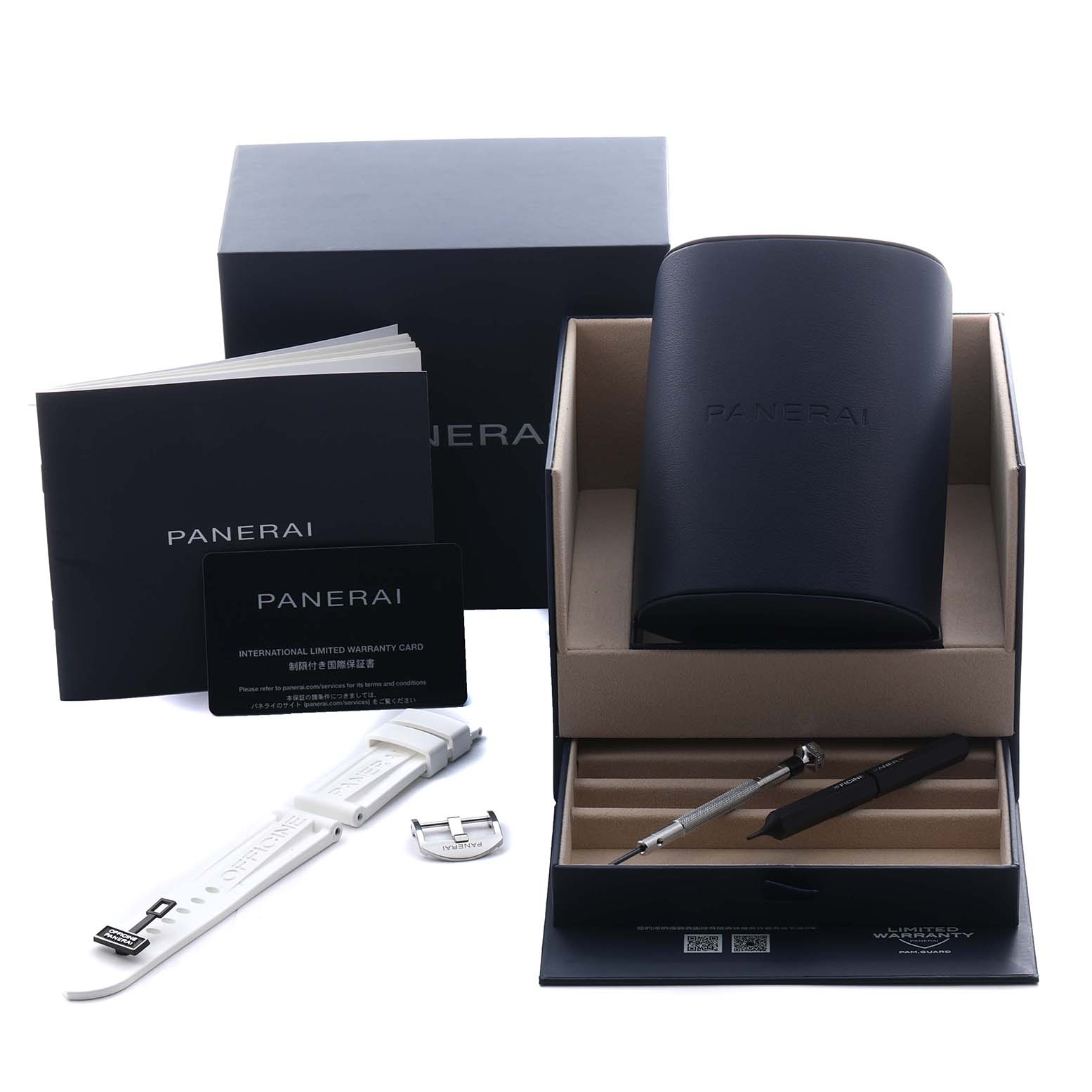 The Panerai Submersible PAM01226 Men's Stainless Steel White Dial PAM01226 Men's Stainless Steel White Dial set includes packaging, a warranty card, a strap, tools, and manuals, viewed from above.