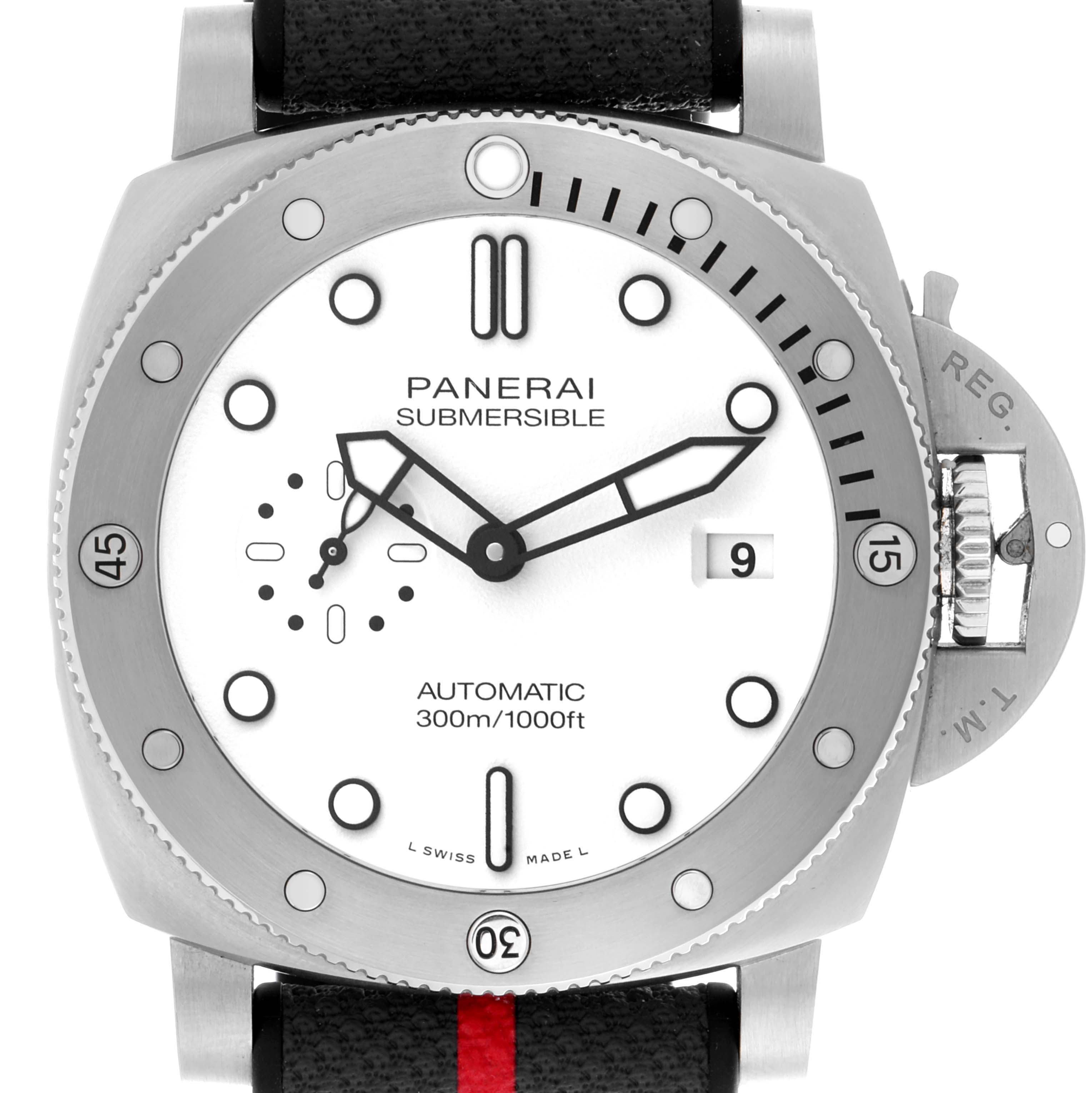 The image shows a front view of a Panerai Submersible PAM01226 Men's Stainless Steel White Dial PAM01226 Men's Stainless Steel White Dial watch face and bezel, highlighting its dial and crown guard.