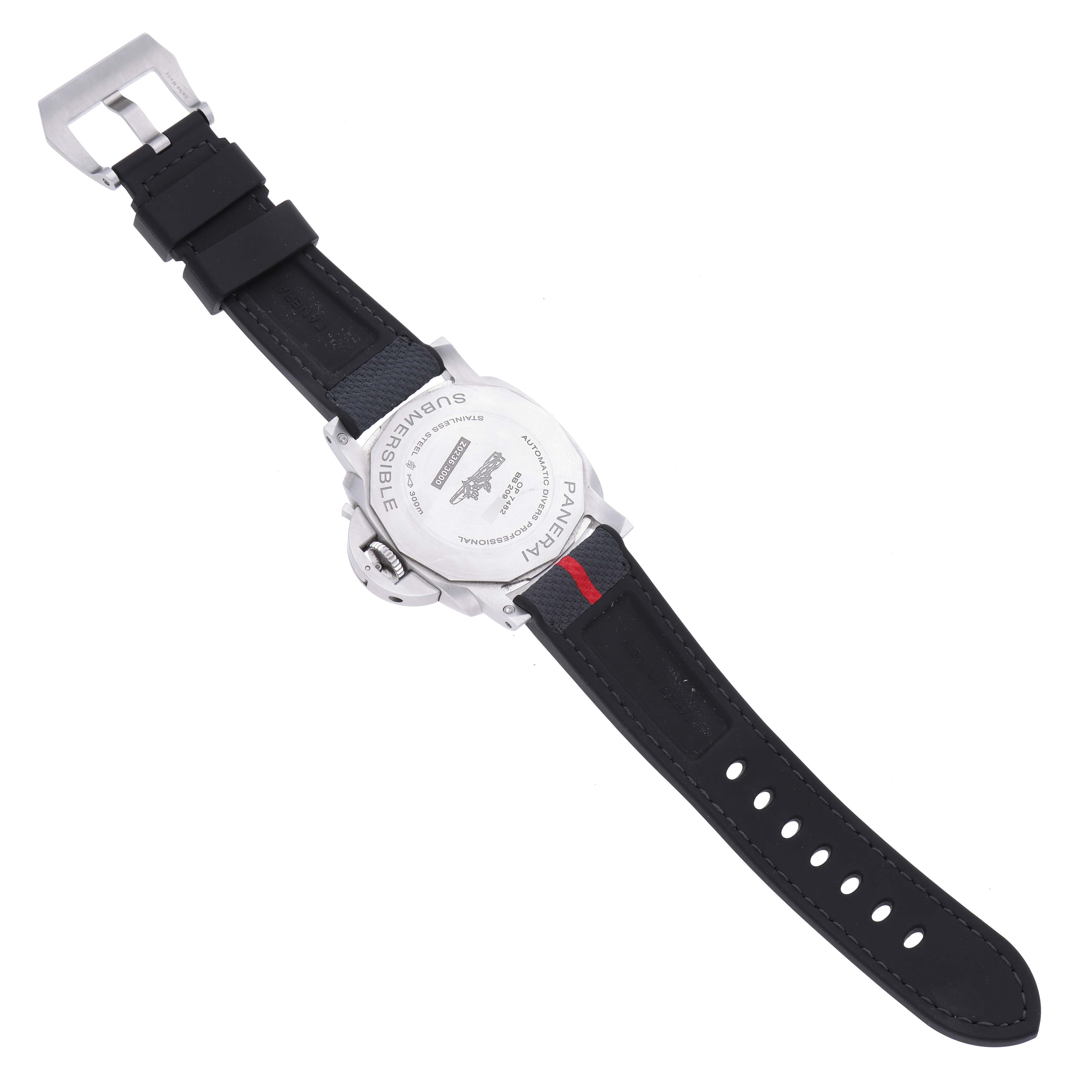 The image shows the back of a Panerai Submersible PAM01226 Men's Stainless Steel White Dial PAM01226 Men's Stainless Steel White Dial watch, highlighting the case back, strap, and buckle.