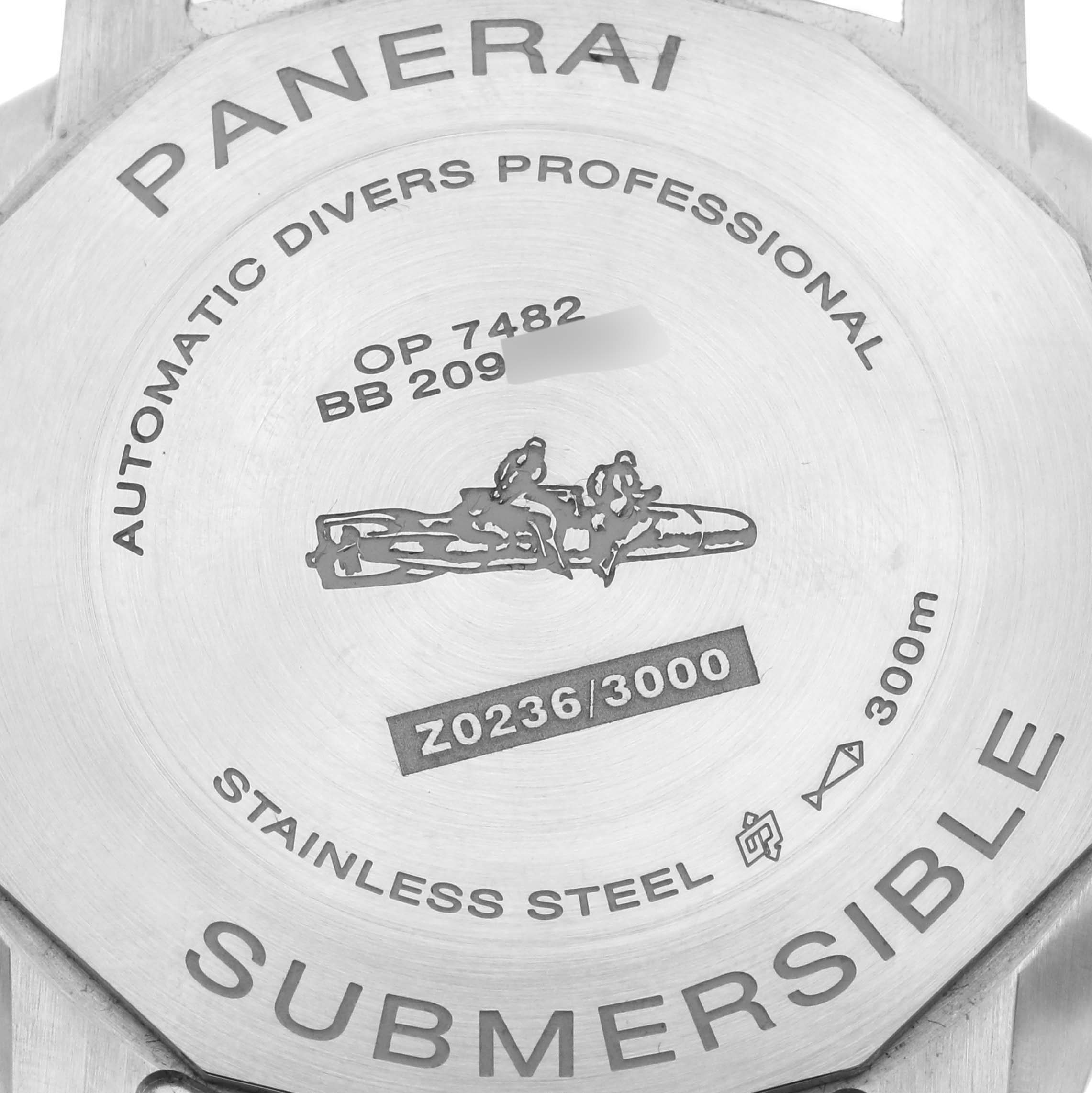 The image shows the back case of a Panerai Submersible PAM01226 Men's Stainless Steel White Dial PAM01226 Men's Stainless Steel White Dial watch, featuring inscriptions and branding details.