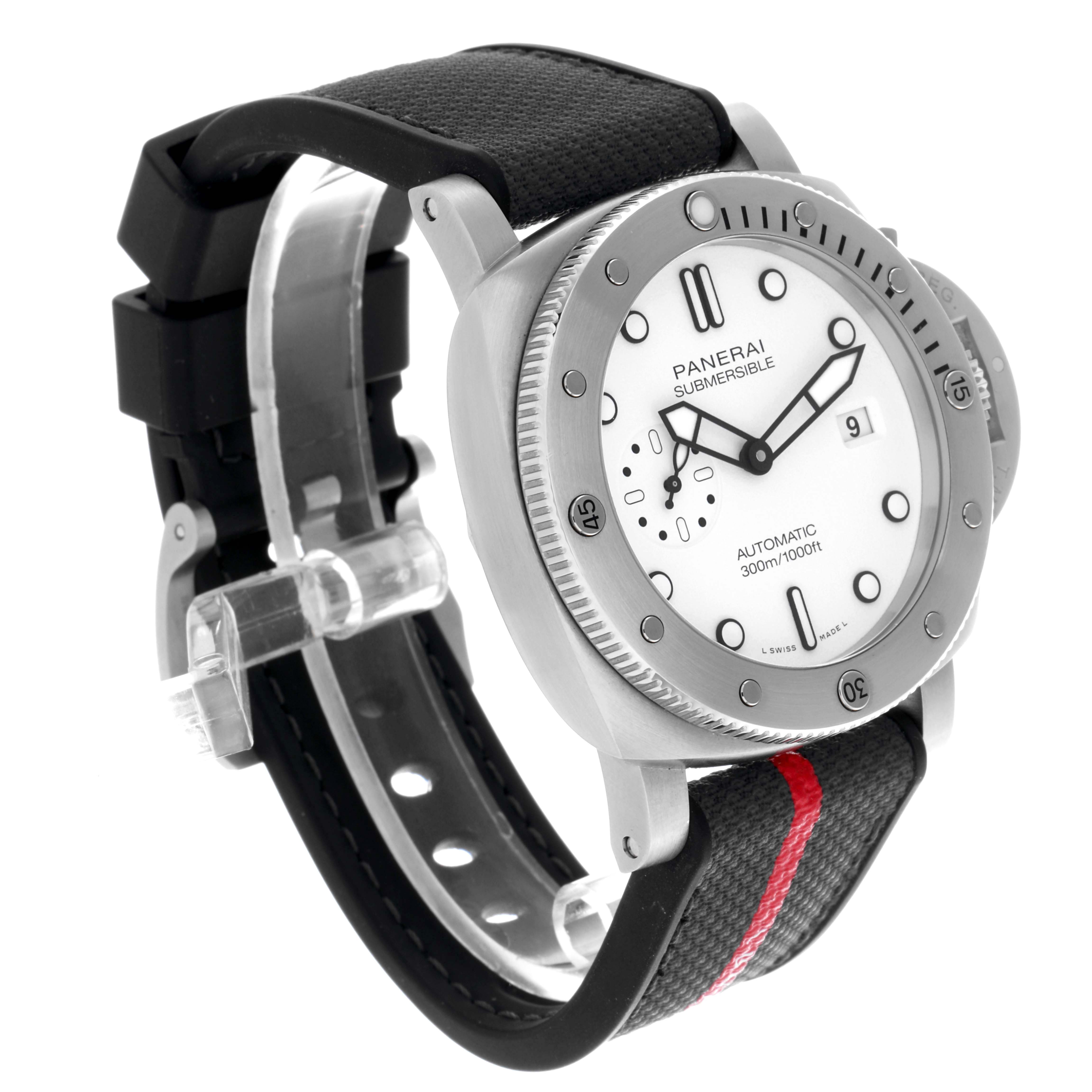The Panerai Submersible PAM01226 Men's Stainless Steel White Dial PAM01226 Men's Stainless Steel White Dial watch is shown at an angled side view, highlighting the dial, bezel, and strap.