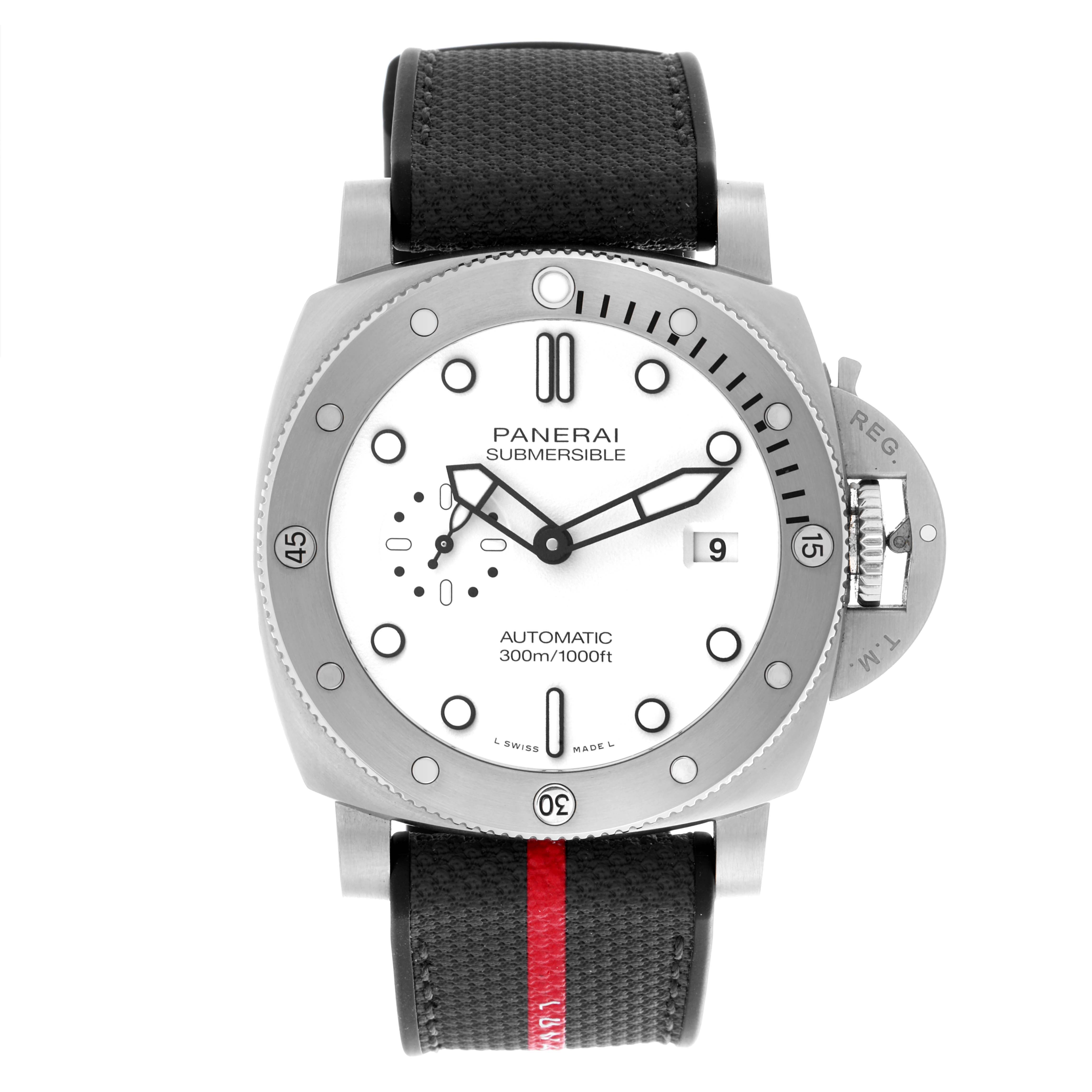 The Panerai Submersible PAM01226 Men's Stainless Steel White Dial PAM01226 Men's Stainless Steel White Dial watch is shown from the front, featuring its dial, bezel, and strap.