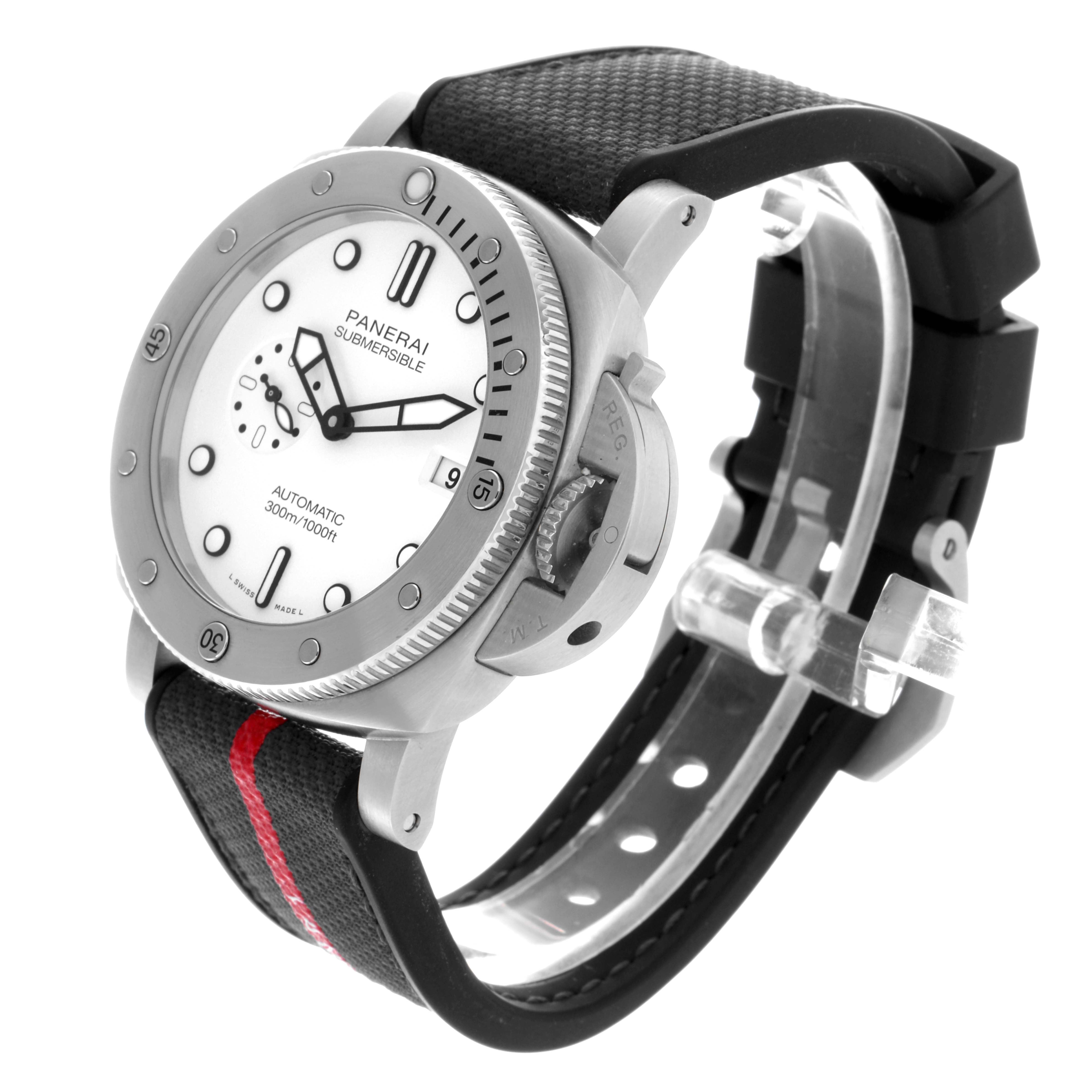 The Panerai Submersible PAM01226 Men's Stainless Steel White Dial PAM01226 Men's Stainless Steel White Dial is shown at an angled perspective displaying the face, bezel, crown guard, and strap.