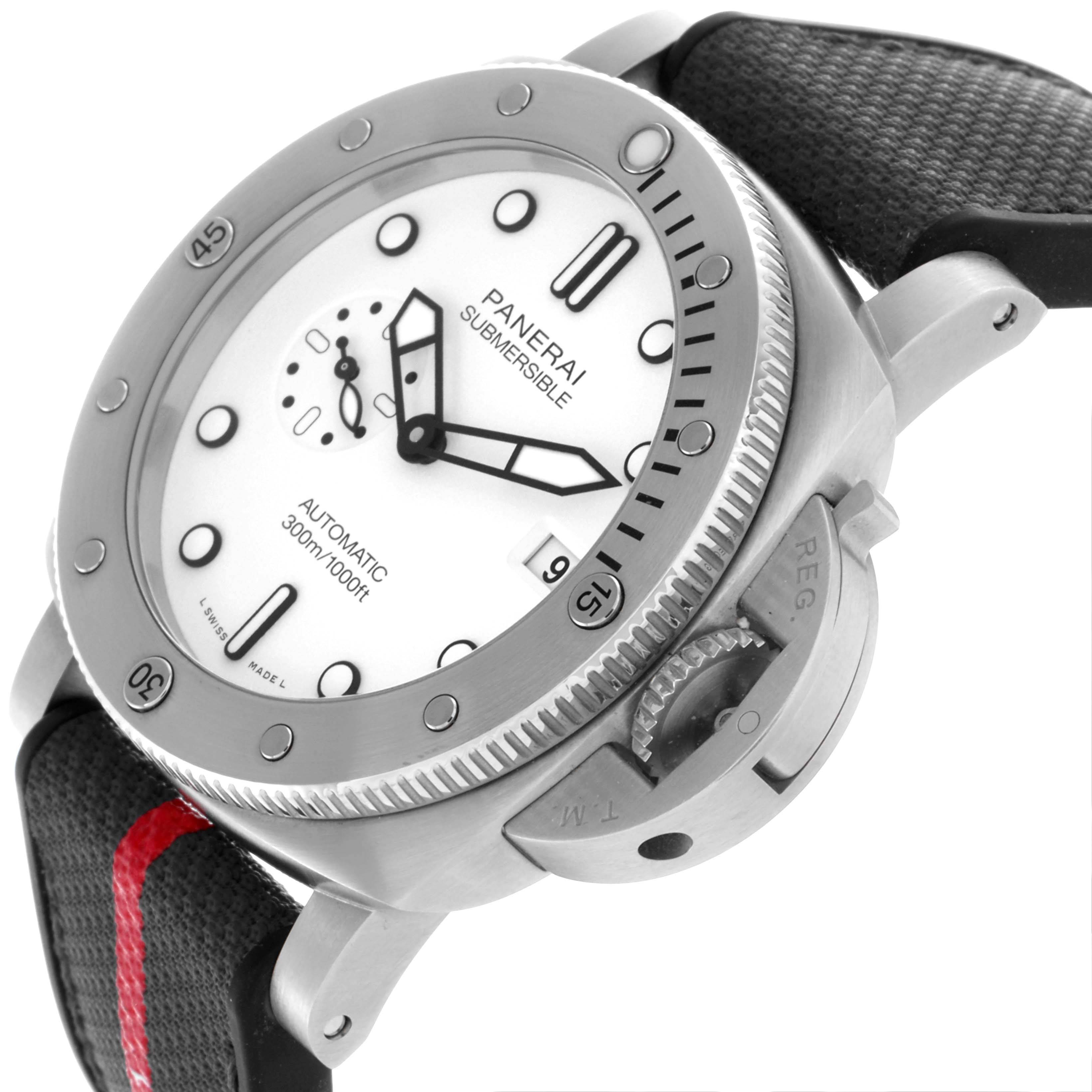 The Panerai Submersible PAM01226 Men's Stainless Steel White Dial PAM01226 Men's Stainless Steel White Dial watch is shown at a slight angle, displaying the face, bezel, and part of the strap.