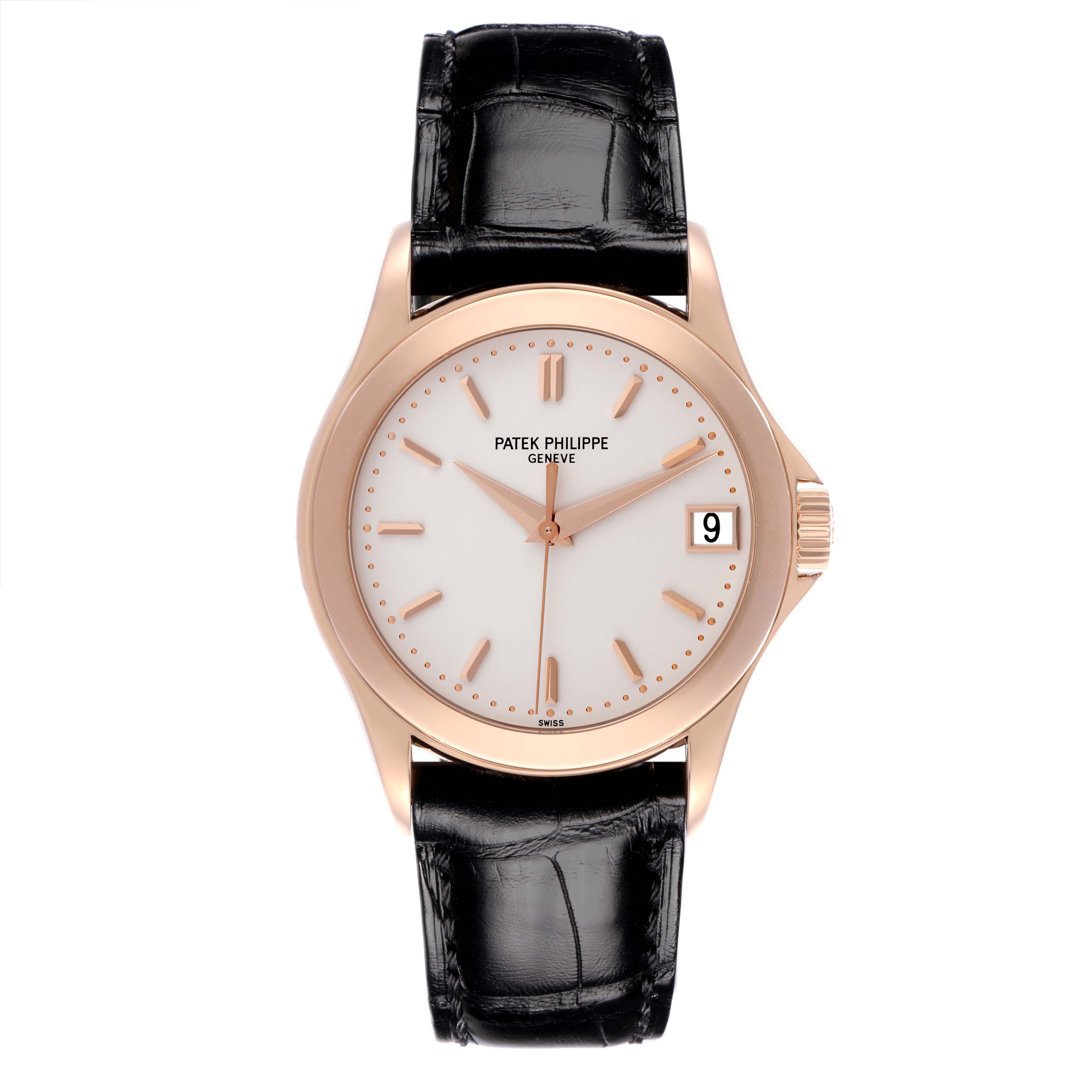 The Patek Philippe Calatrava 5107R Men's Rose Gold Silver Dial 5107R Men's Rose Gold Silver Dial watch is shown from the front, highlighting the dial, hands, crown, and leather strap.