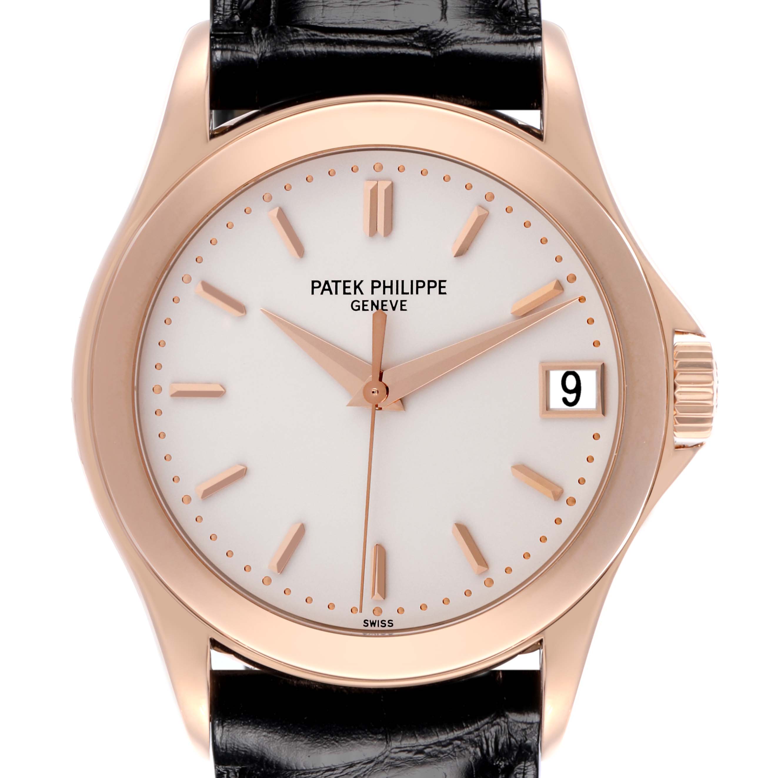 The image shows a frontal view of a Patek Philippe Calatrava 5107R Men's Rose Gold Silver Dial 5107R Men's Rose Gold Silver Dial watch, displaying the dial, hands, case, crown, and leather strap.