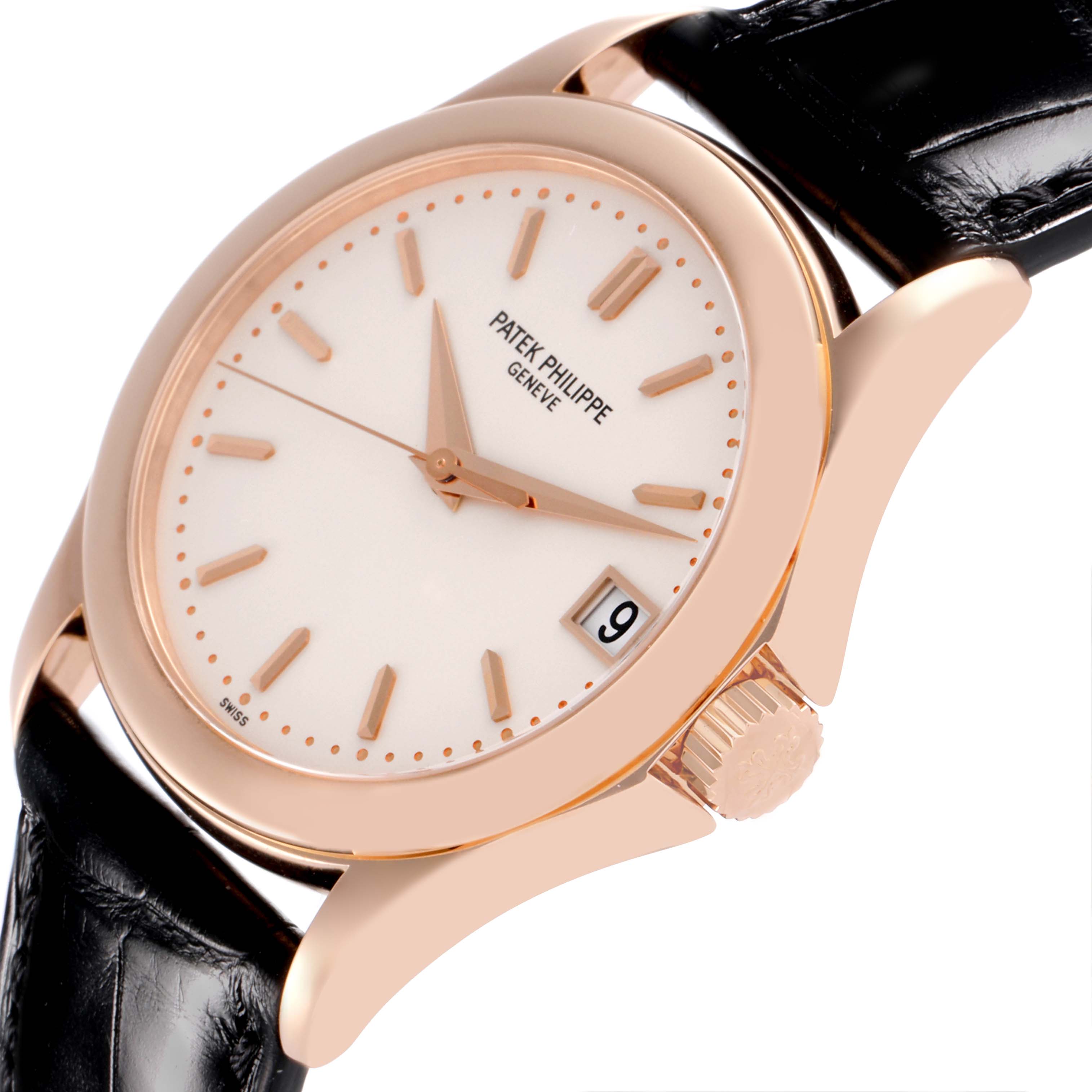 The Patek Philippe Calatrava 5107R Men's Rose Gold Silver Dial 5107R Men's Rose Gold Silver Dial watch is shown at a slight angle, highlighting the dial, case, crown, and partial leather strap.
