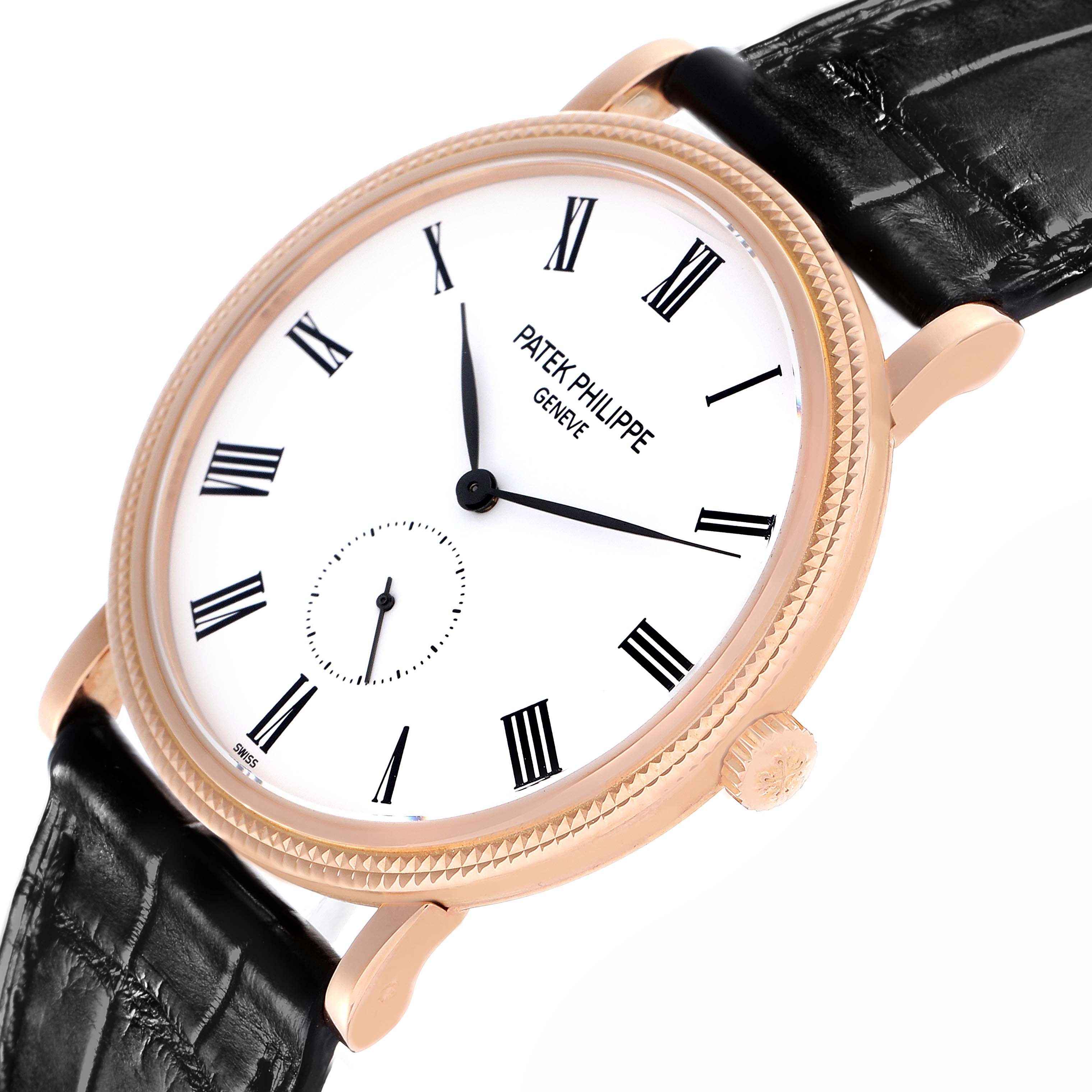 The Patek Philippe Calatrava 5119R-001 Men's Rose Gold White Dial 5119R-001 Men's Rose Gold White Dial watch is shown at an angle displaying the face, crown, bezel, and part of the strap.