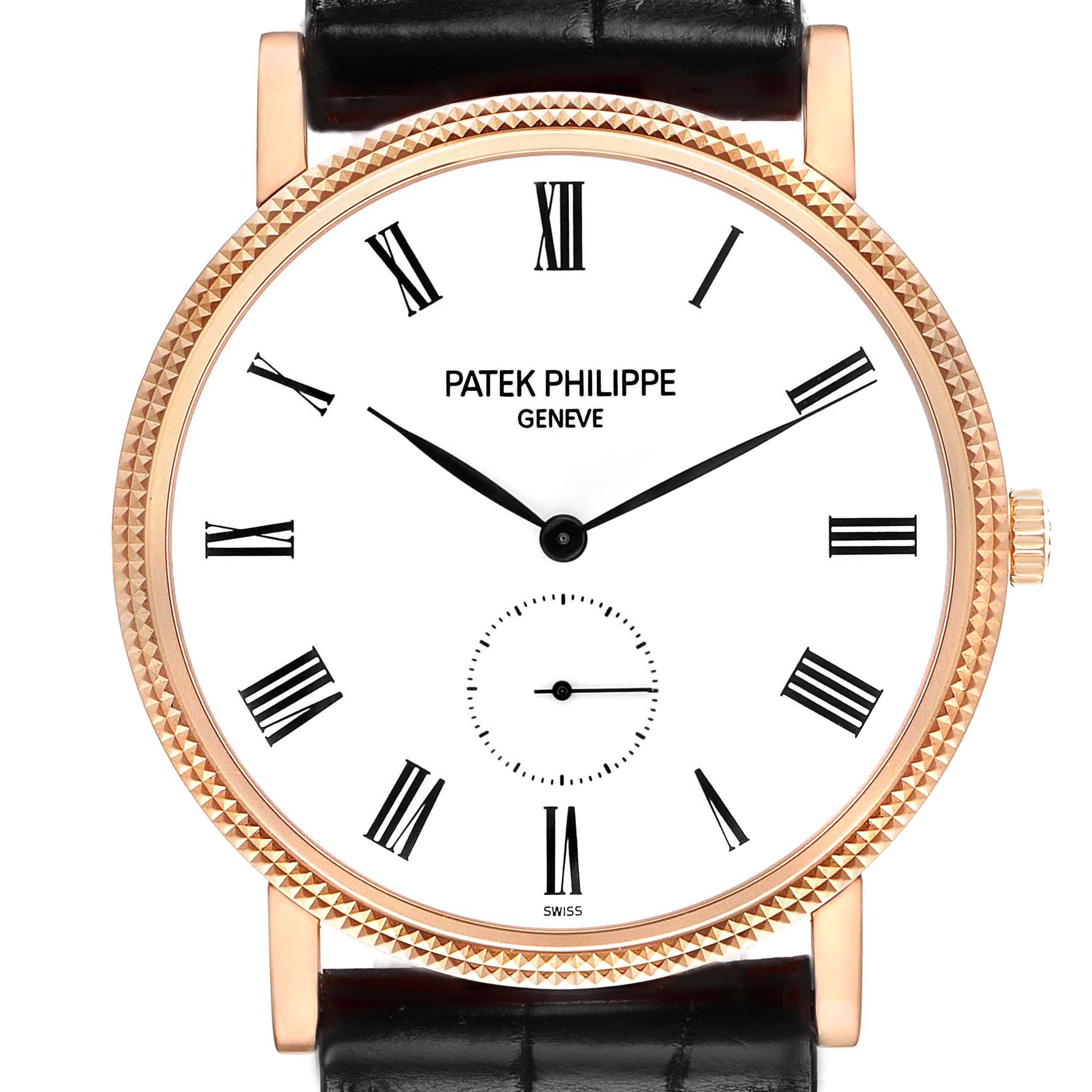 The image shows a front view of the Patek Philippe Calatrava 5119R-001 Men's Rose Gold White Dial 5119R-001 Men's Rose Gold White Dial watch, displaying its dial, hands, bezel, and part of the strap.
