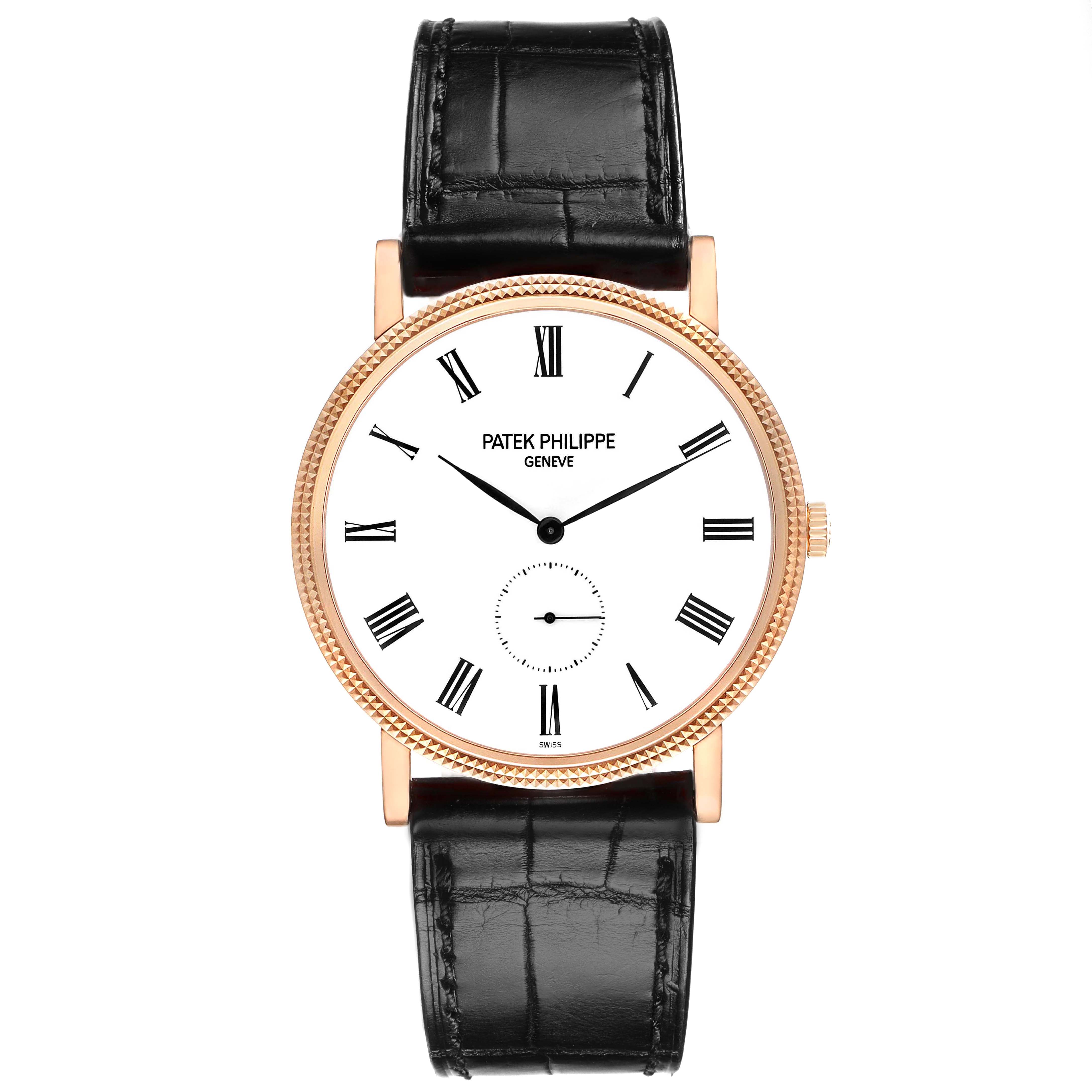 The Patek Philippe Calatrava 5119R-001 Men's Rose Gold White Dial 5119R-001 Men's Rose Gold White Dial watch is shown from a top-down angle, featuring its gold case, Roman numeral dial, and black leather strap.