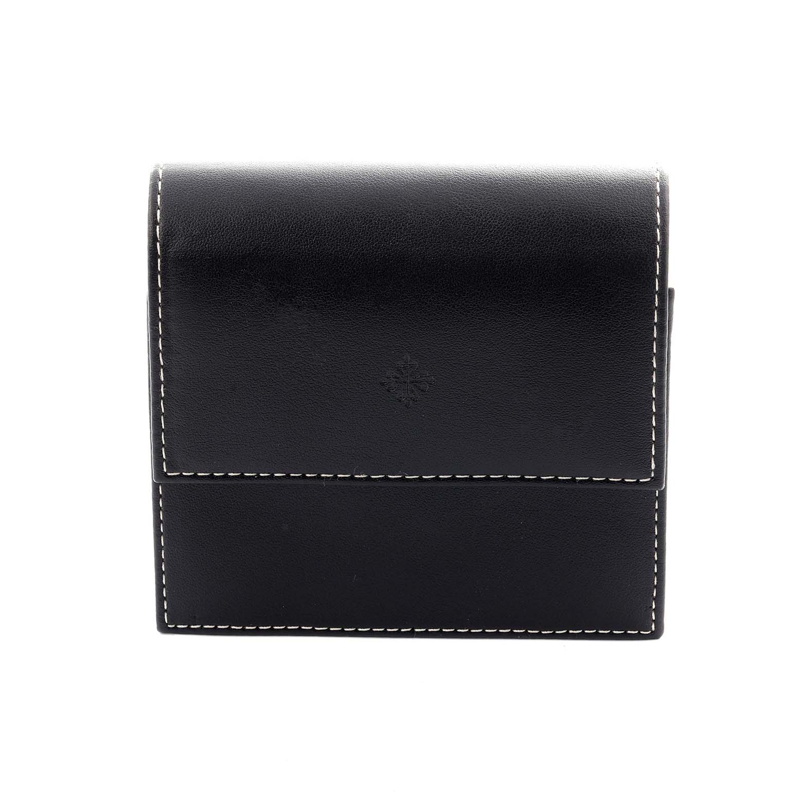 The image shows a closed black leather case for the Patek Philippe Calatrava 5119R-001 Men's Rose Gold White Dial 5119R-001 Men's Rose Gold White Dial watch, with white stitching visible.