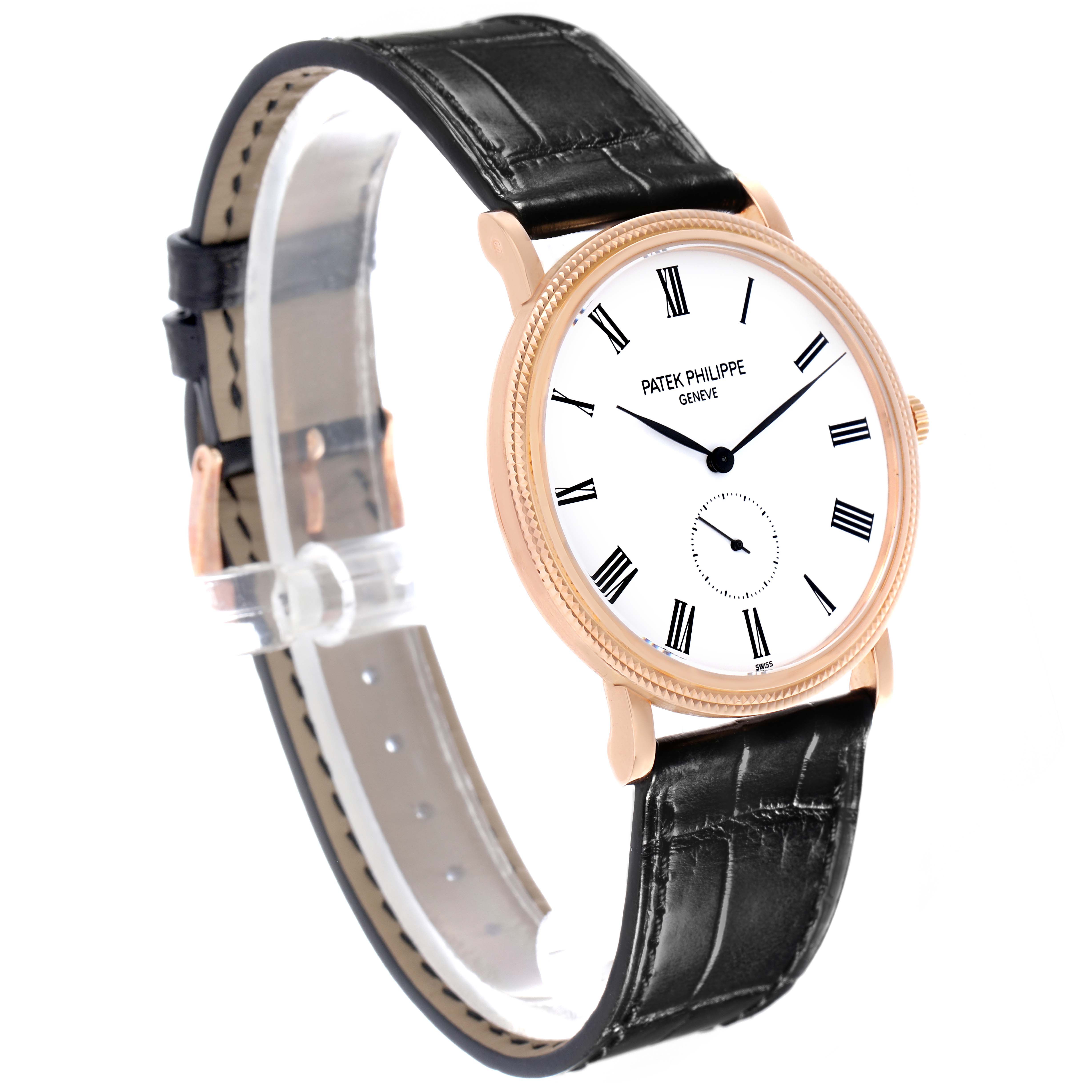 The Patek Philippe Calatrava 5119R-001 Men's Rose Gold White Dial 5119R-001 Men's Rose Gold White Dial watch is shown at an angled side view, displaying the dial, case, and a portion of the strap.