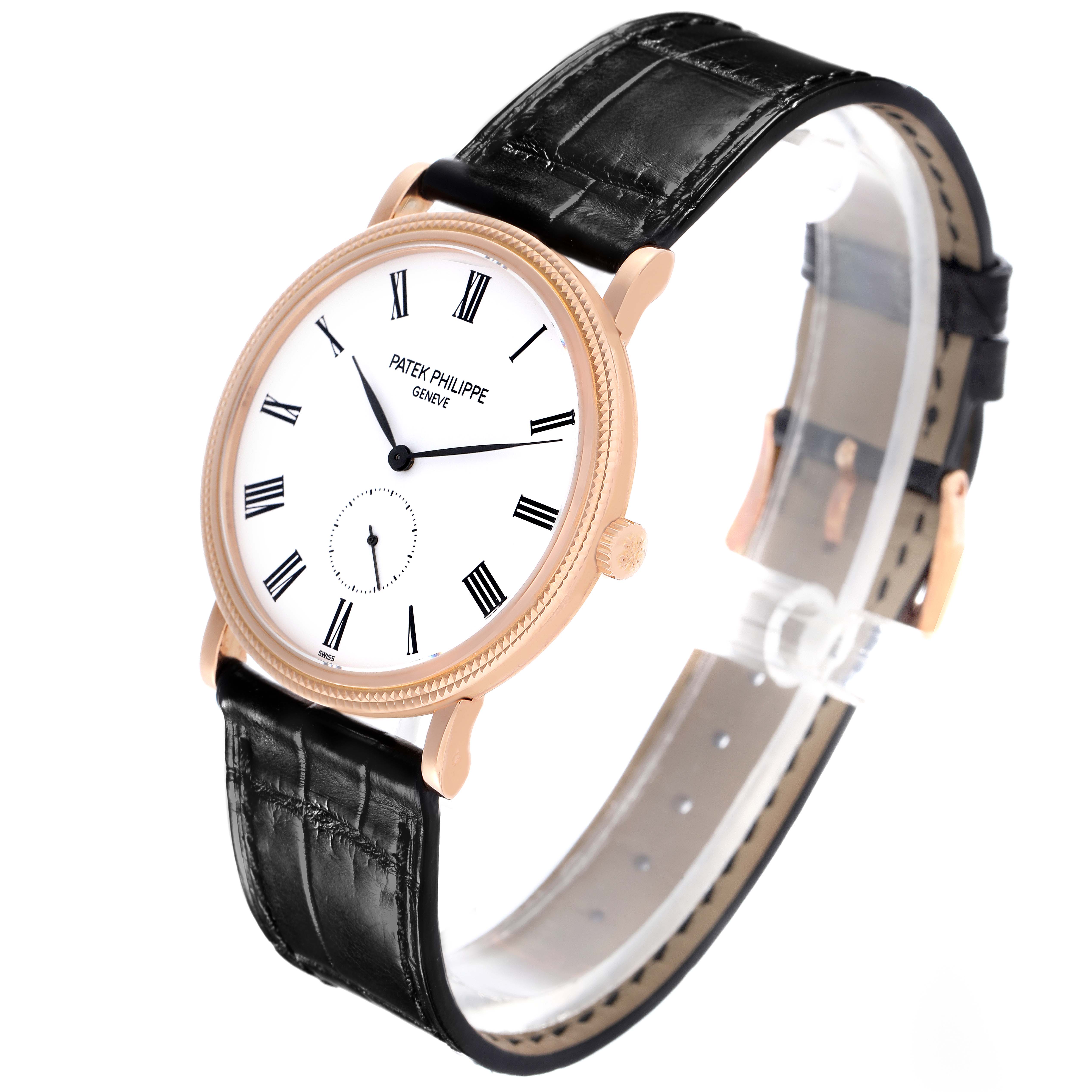 The Patek Philippe Calatrava 5119R-001 Men's Rose Gold White Dial 5119R-001 Men's Rose Gold White Dial is shown at a three-quarter angle, highlighting the dial, crown, and leather strap.
