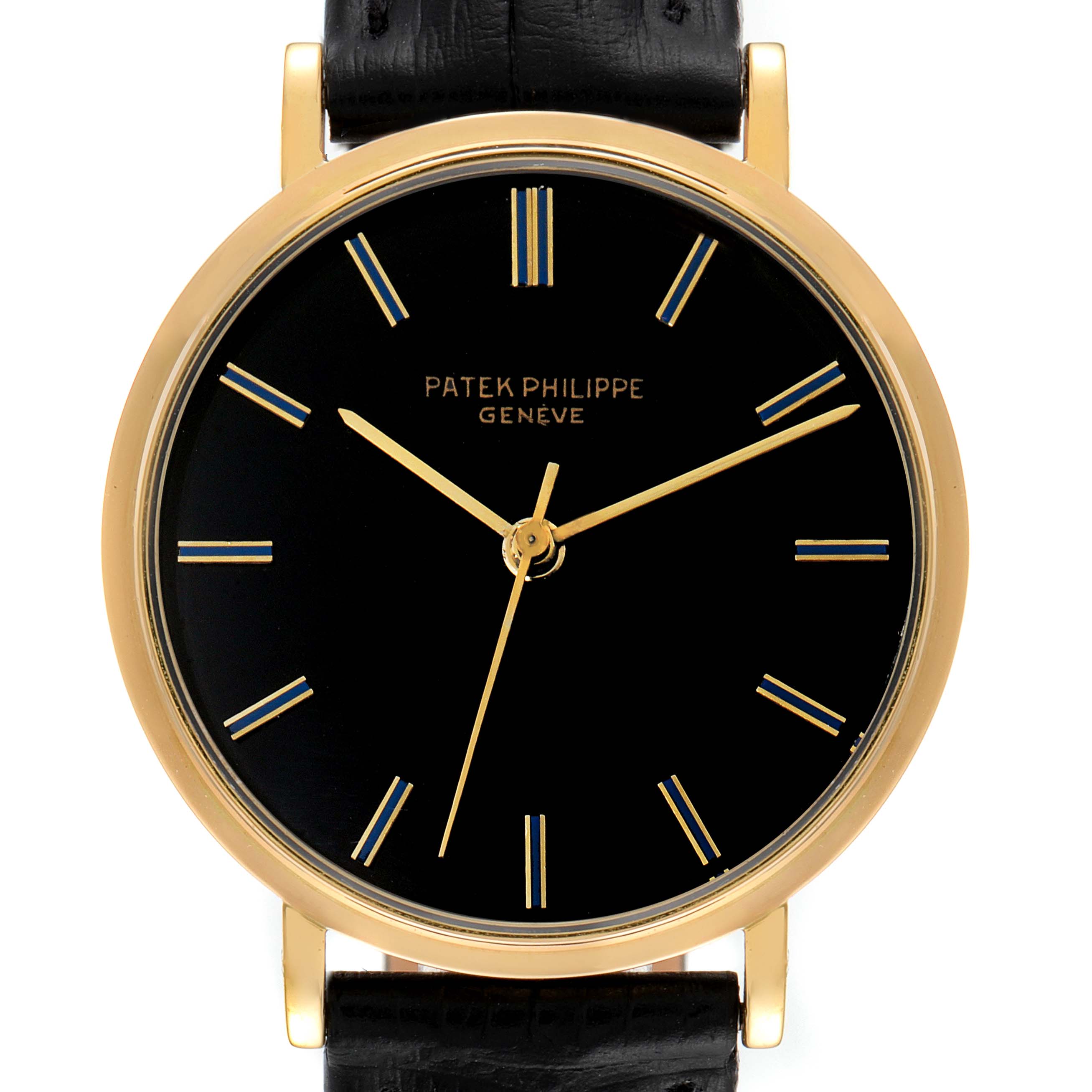 This image shows a front view of a Patek Philippe Calatrava 3569 Men's Yellow Gold Black Dial 3569 Men's Yellow Gold Black Dial watch, displaying its black dial, gold hands, and leather strap.