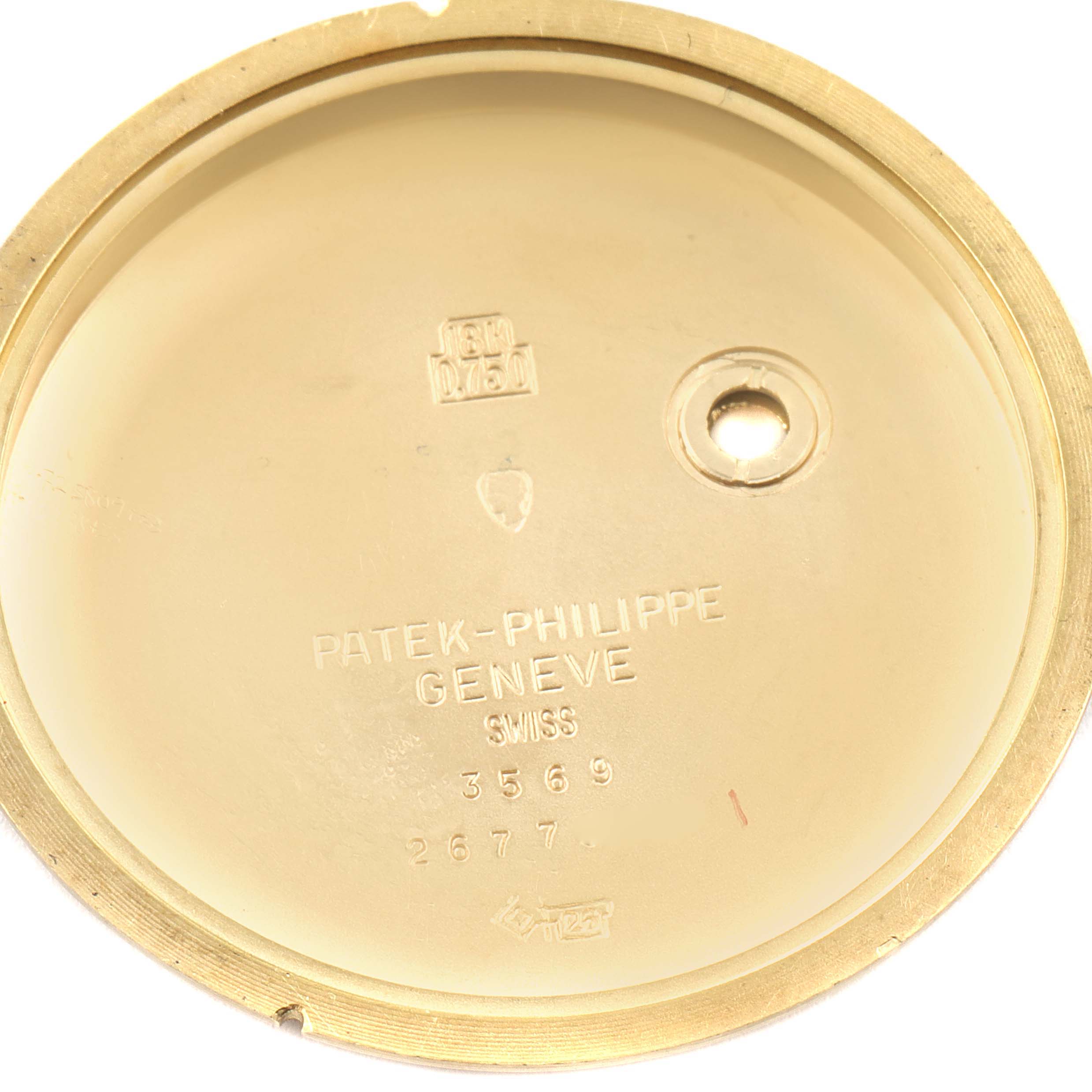 This image shows the inside of the case back of a Patek Philippe Calatrava 3569 Men's Yellow Gold Black Dial 3569 Men's Yellow Gold Black Dial watch.