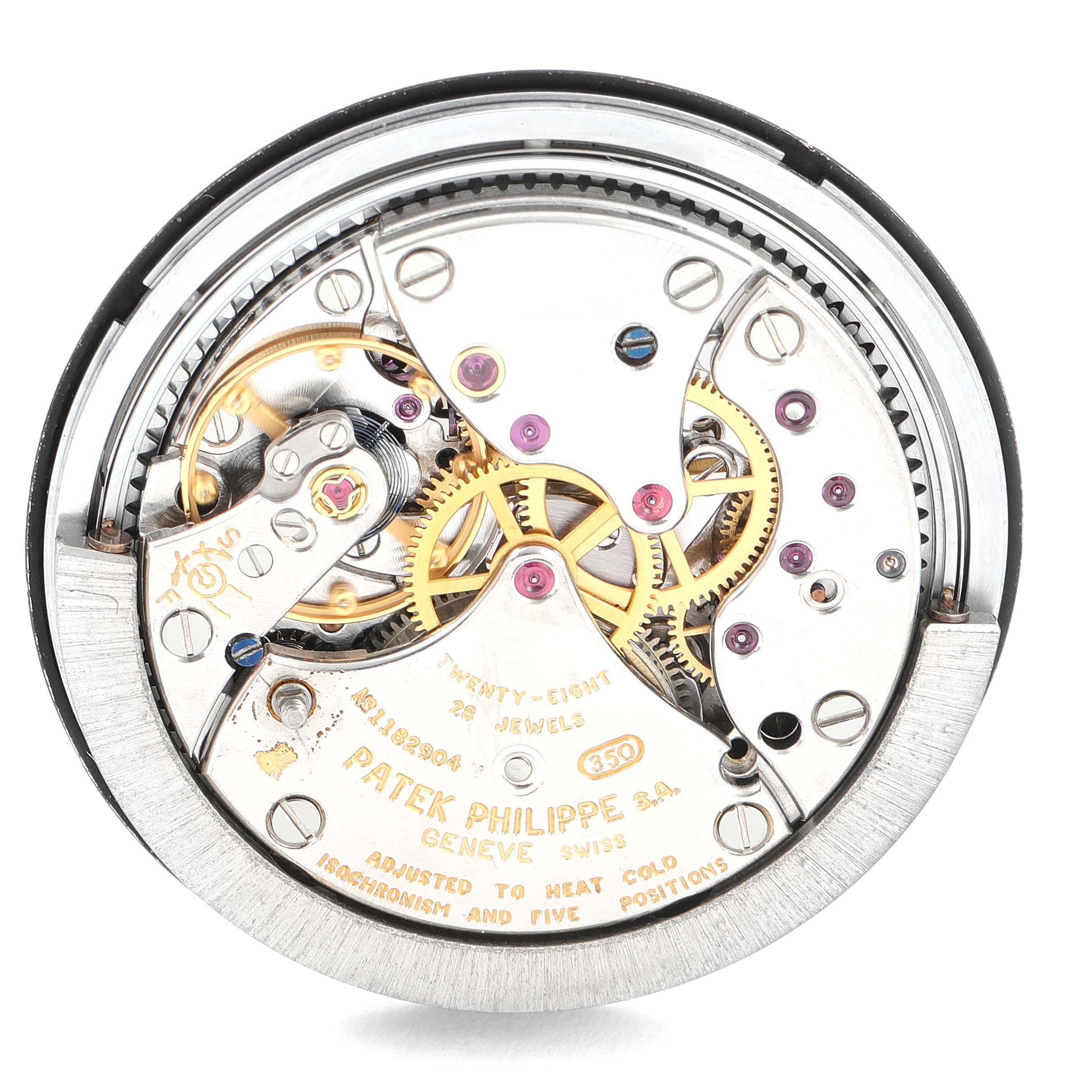 This image shows the intricate mechanical movement of a Patek Philippe Calatrava 3569 Men's Yellow Gold Black Dial 3569 Men's Yellow Gold Black Dial watch, captured from the back.