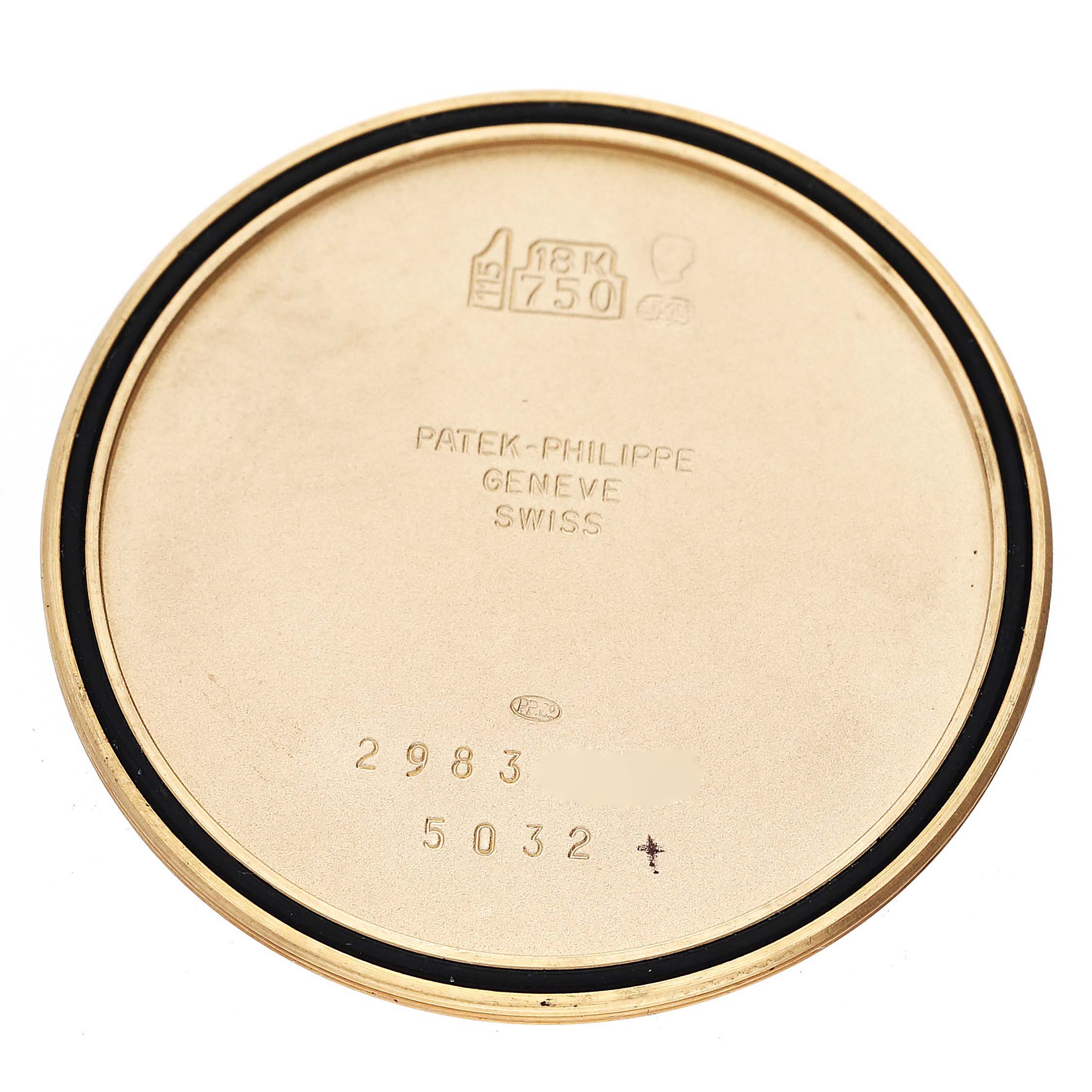 This image shows the backside of the caseback for a Patek Philippe Calatrava 5032 Men's Yellow Gold Silver Dial 5032 Men's Yellow Gold Silver Dial watch, highlighting the engravings.