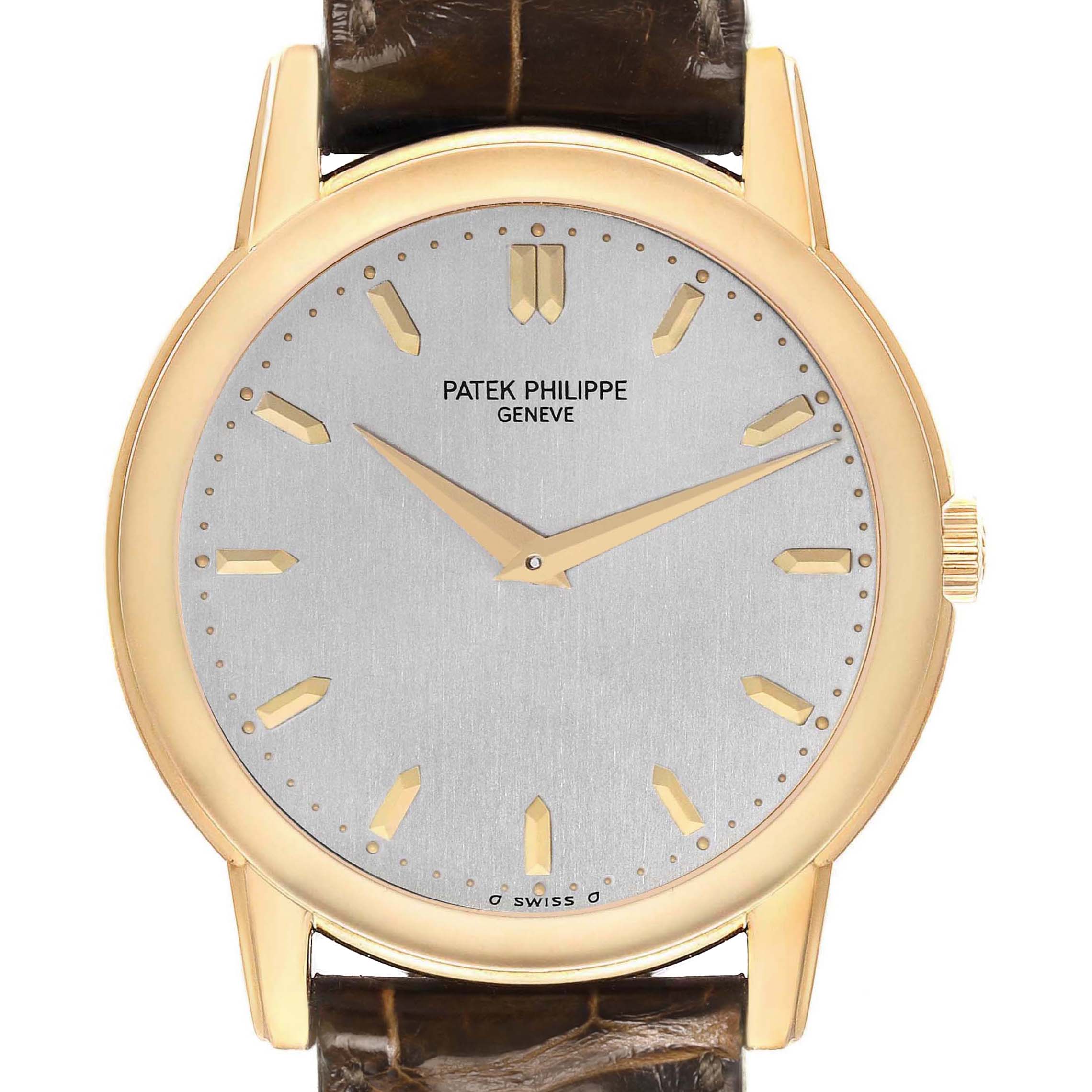 The Patek Philippe Calatrava 5032 Men's Yellow Gold Silver Dial is shown from a top-down angle, displaying its dial, markers, hands, bezel, and part of the strap.