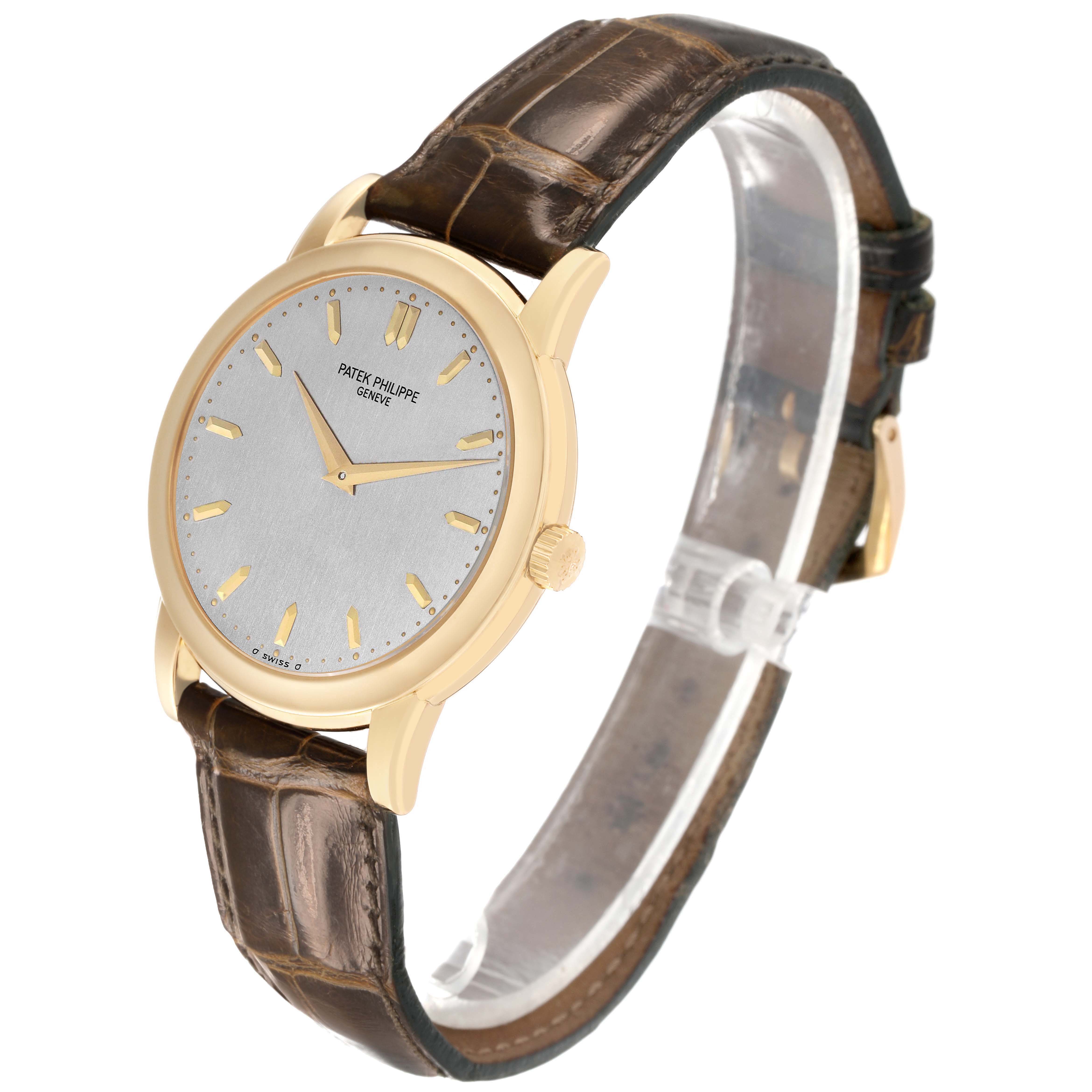 The Patek Philippe Calatrava 5032 Men's Yellow Gold Silver Dial watch is shown at a three-quarter angle, displaying the dial, case, and brown leather strap.