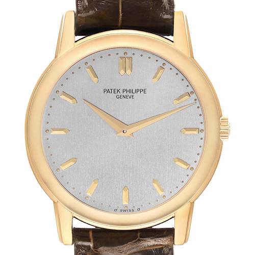 The Patek Philippe Calatrava 5032 Men's Yellow Gold Silver Dial watch is shown from a direct front angle, highlighting its dial, hands, indices, and bezel.