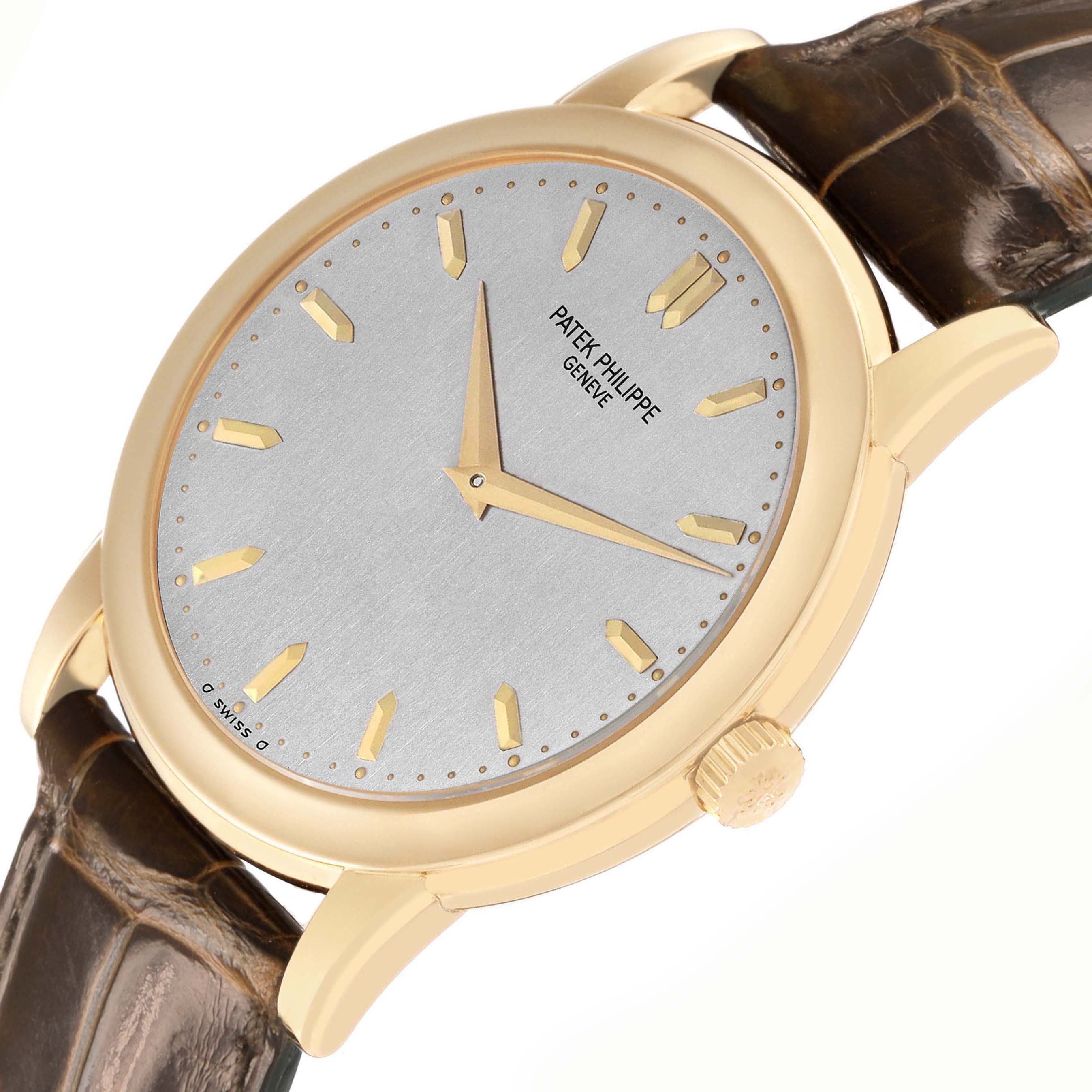 The Patek Philippe Calatrava 5032 Men's Yellow Gold Silver Dial watch is shown at a slight angle, highlighting the dial, case, lugs, and part of the strap.