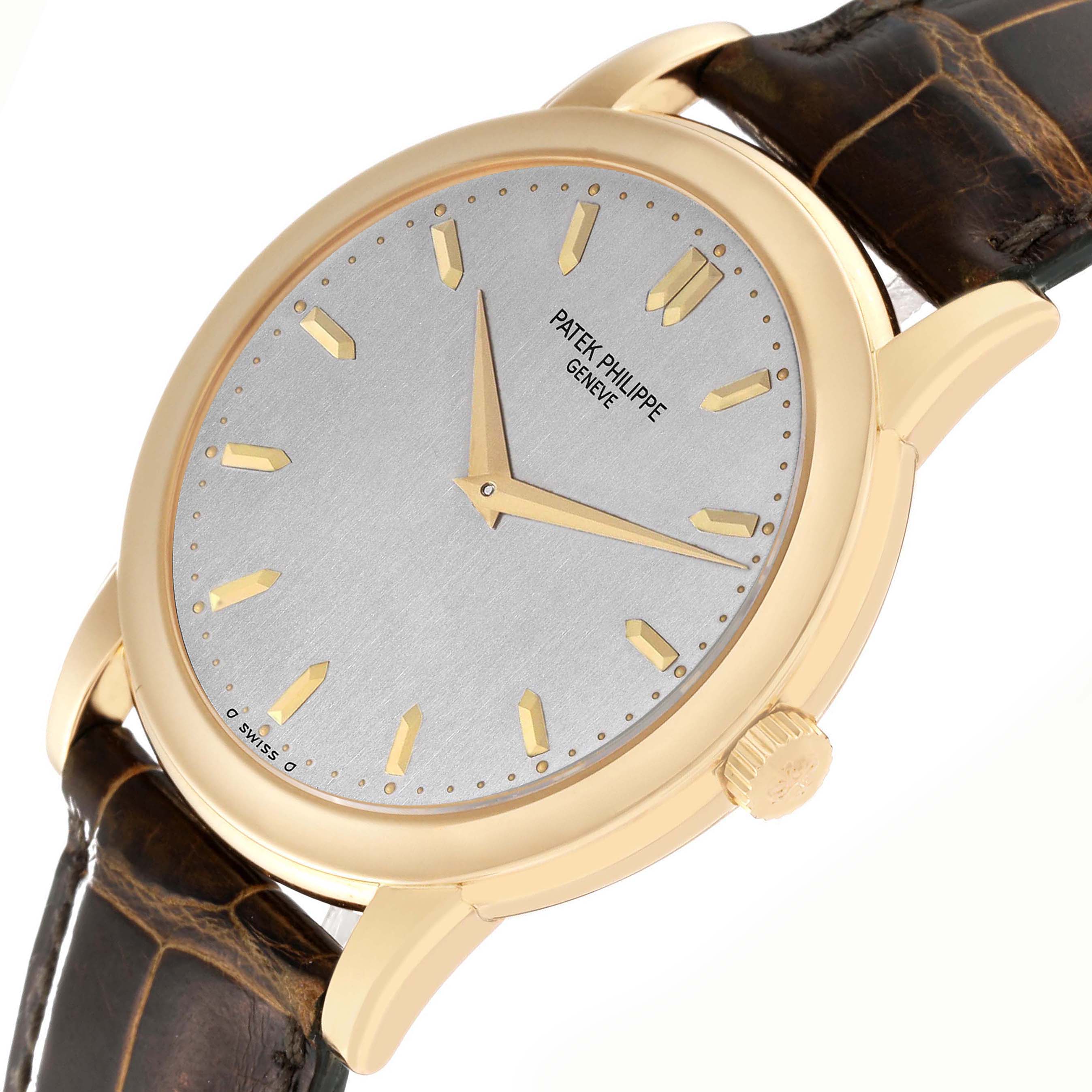 The Patek Philippe Calatrava 5032 Men's Yellow Gold Silver Dial watch is shown at a slight angle, highlighting the dial, bezel, crown, and leather strap.