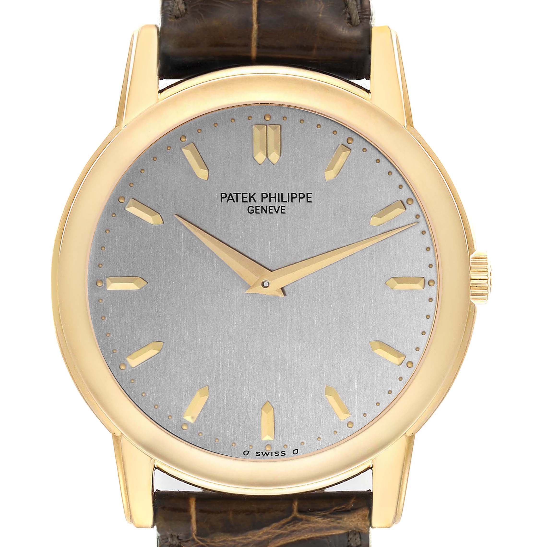 The Patek Philippe Calatrava 5032 Men's Yellow Gold Silver Dial 5032 Men's Yellow Gold Silver Dial watch is shown from the front, highlighting the dial, gold case, and leather strap.
