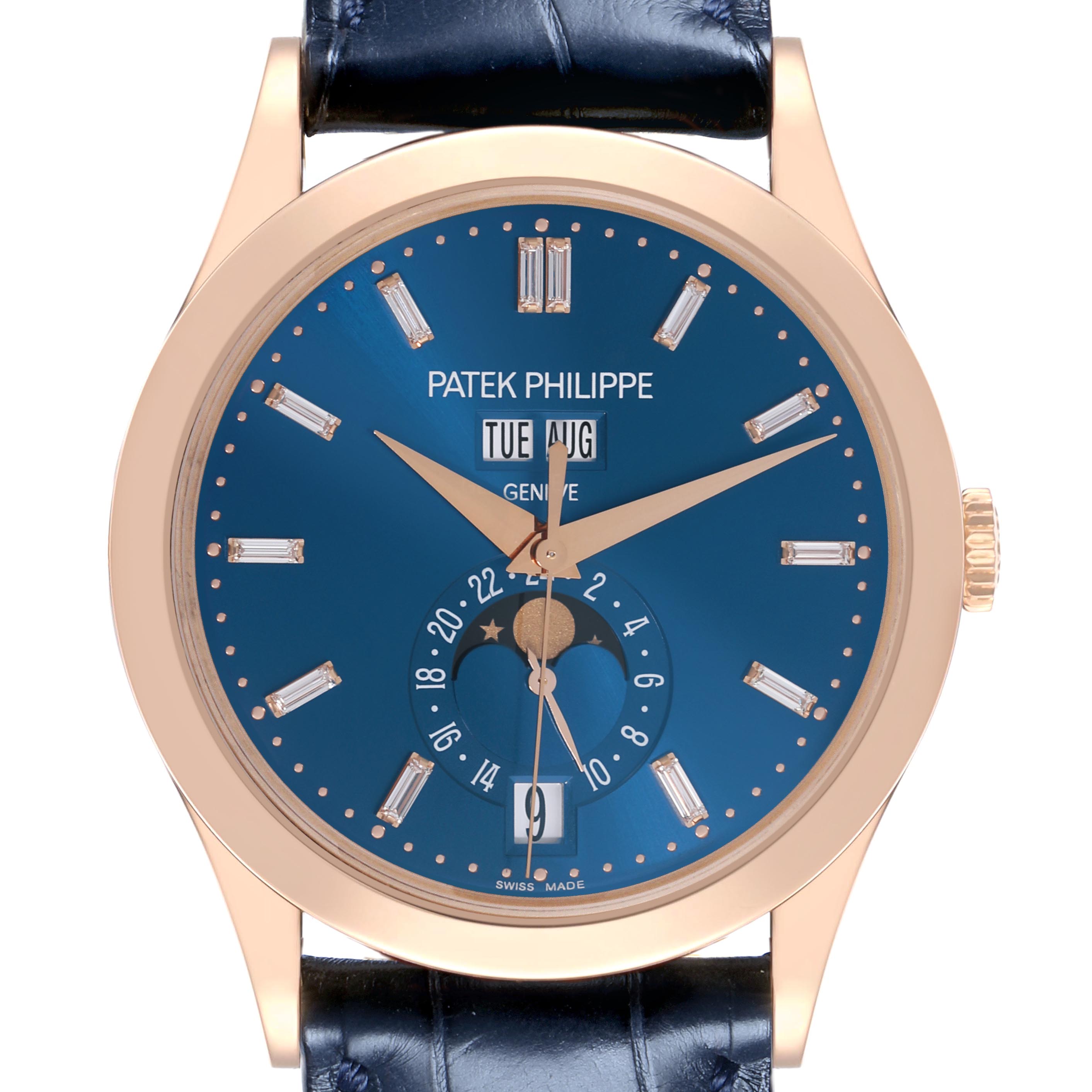 The image shows a front view of the Patek Philippe Complications 5396R-014 Men
s Rose Gold Blue Dial 5396R-014 Men
s Rose Gold Blue Dial watch, displaying the dial, hands, moon phase, and calendar.