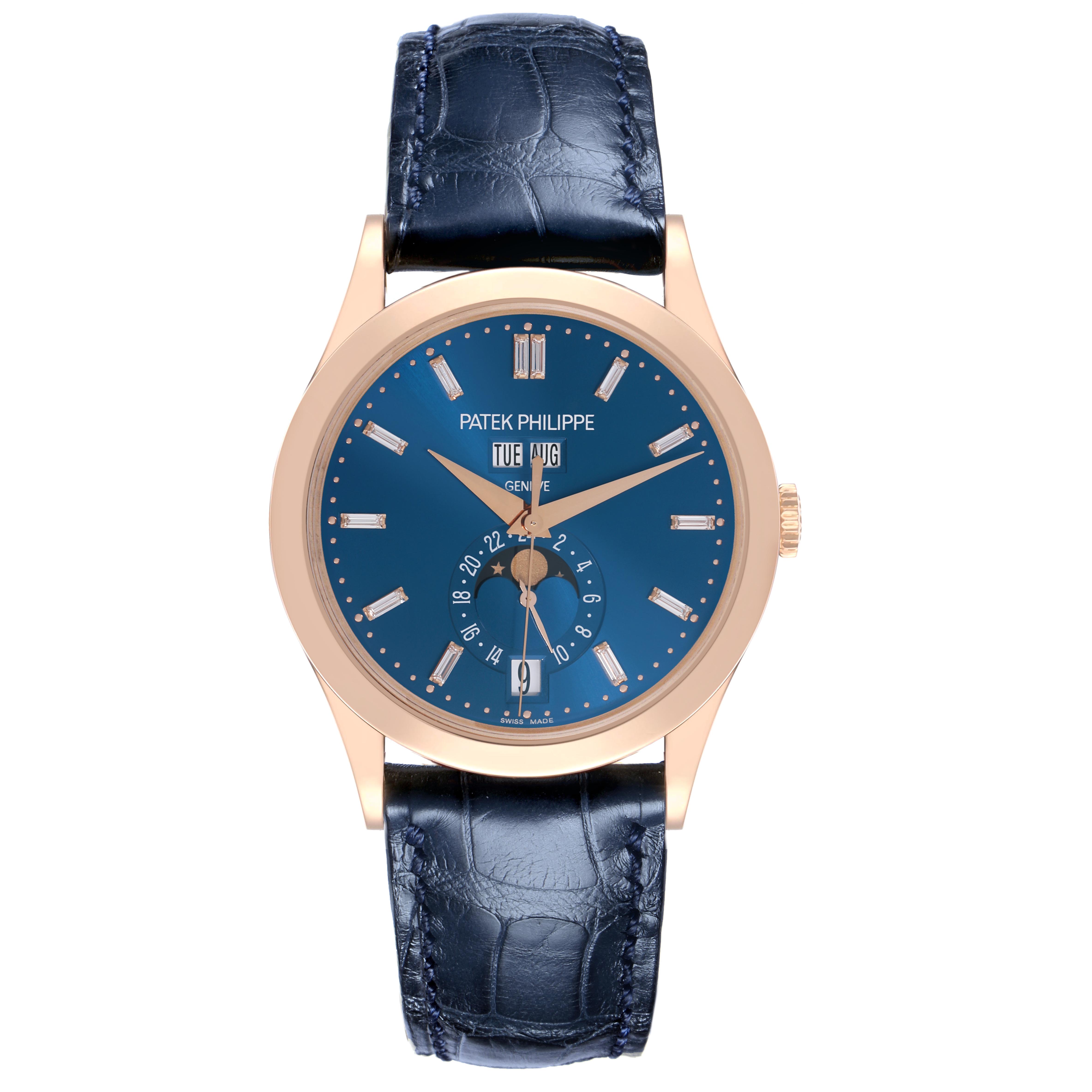 The Patek Philippe Complications 5396R-014 Men
s Rose Gold Blue Dial 5396R-014 Men
s Rose Gold Blue Dial watch is shown from a top-down angle, displaying the full face and strap.