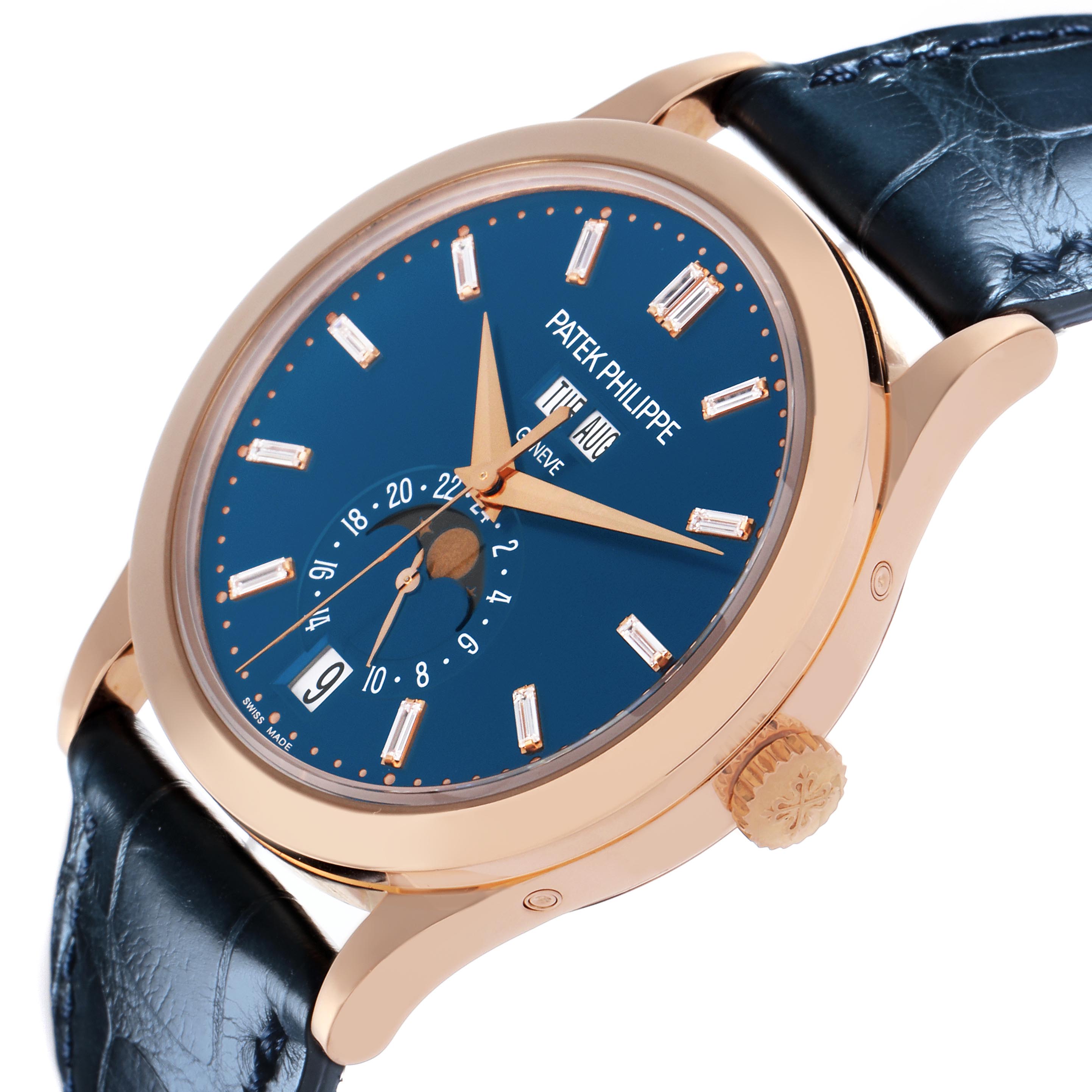 The Patek Philippe Complications 5396R-014 Men
s Rose Gold Blue Dial 5396R-014 Men
s Rose Gold Blue Dial watch is shown at an angled view, displaying the face, dial, crown, and part of the strap.