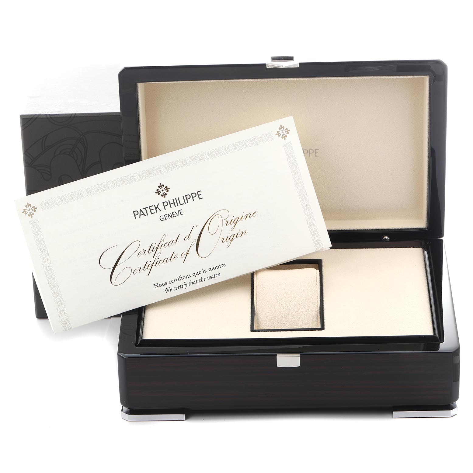 The image shows the Patek Philippe Complications 5396R-014 Men
s Rose Gold Blue Dial 5396R-014 Men
s Rose Gold Blue Dial box at an open angle, including the Certificate of Origin.