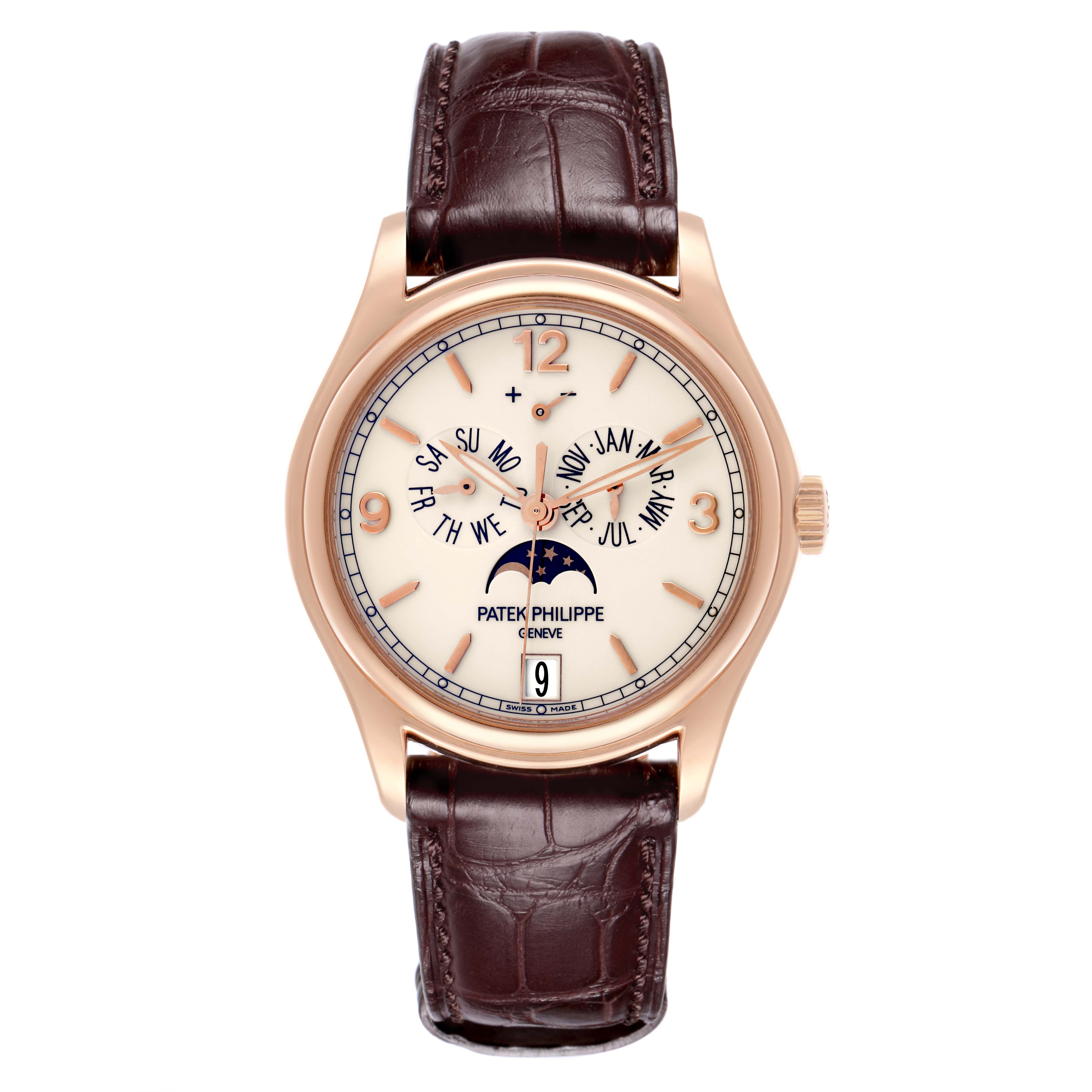 The Patek Philippe Complications 5146R Men's Rose Gold Beige Dial 5146R Men's Rose Gold Beige Dial watch is shown from the front, displaying the dial, case, and leather strap.