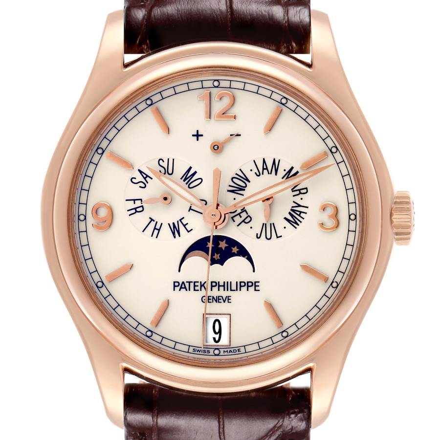 The Patek Philippe Complications watch is shown in a front view, highlighting the dial, calendar functions, and moon phase.