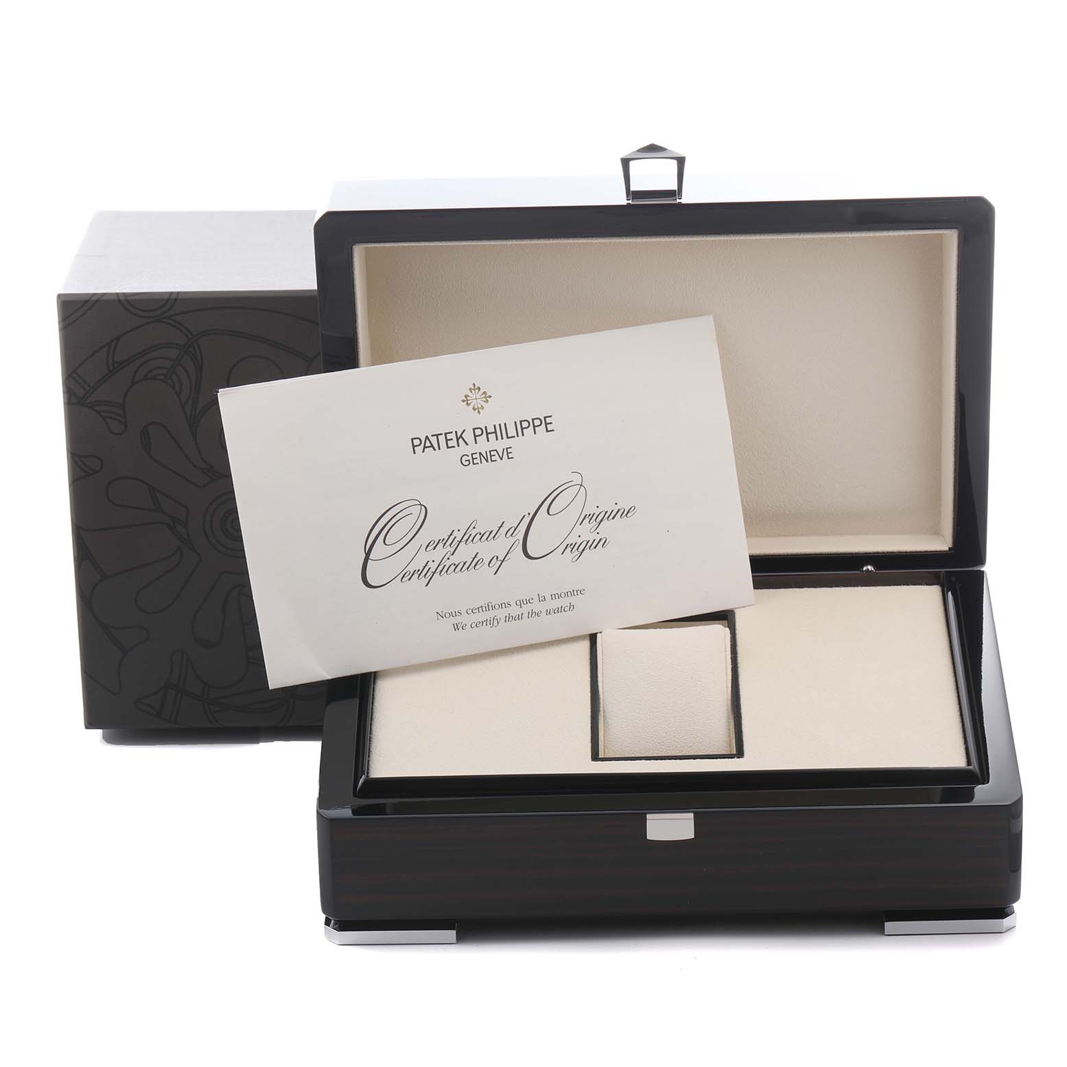 The image shows an open Patek Philippe Complications 5146R Men's Rose Gold Beige Dial 5146R Men's Rose Gold Beige Dial watch box at an angled view, with a Certificate of Origin placed inside.