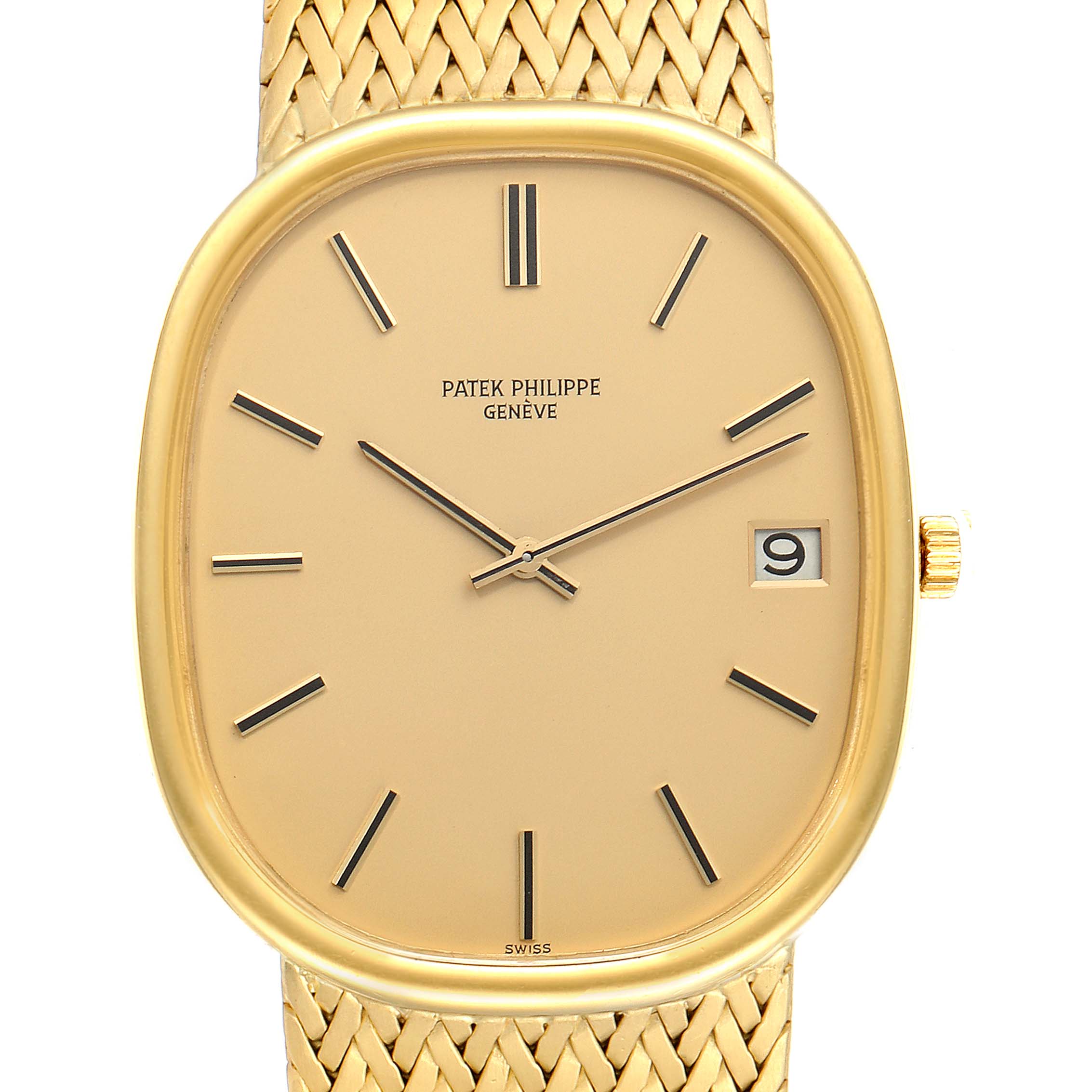 The image shows a front view of the Patek Philippe Golden Ellipse 3605 Men
s Yellow Gold Champagne Dial 3605 Men
s Yellow Gold Champagne Dial watch, displaying its face, date window, and part of its strap.
