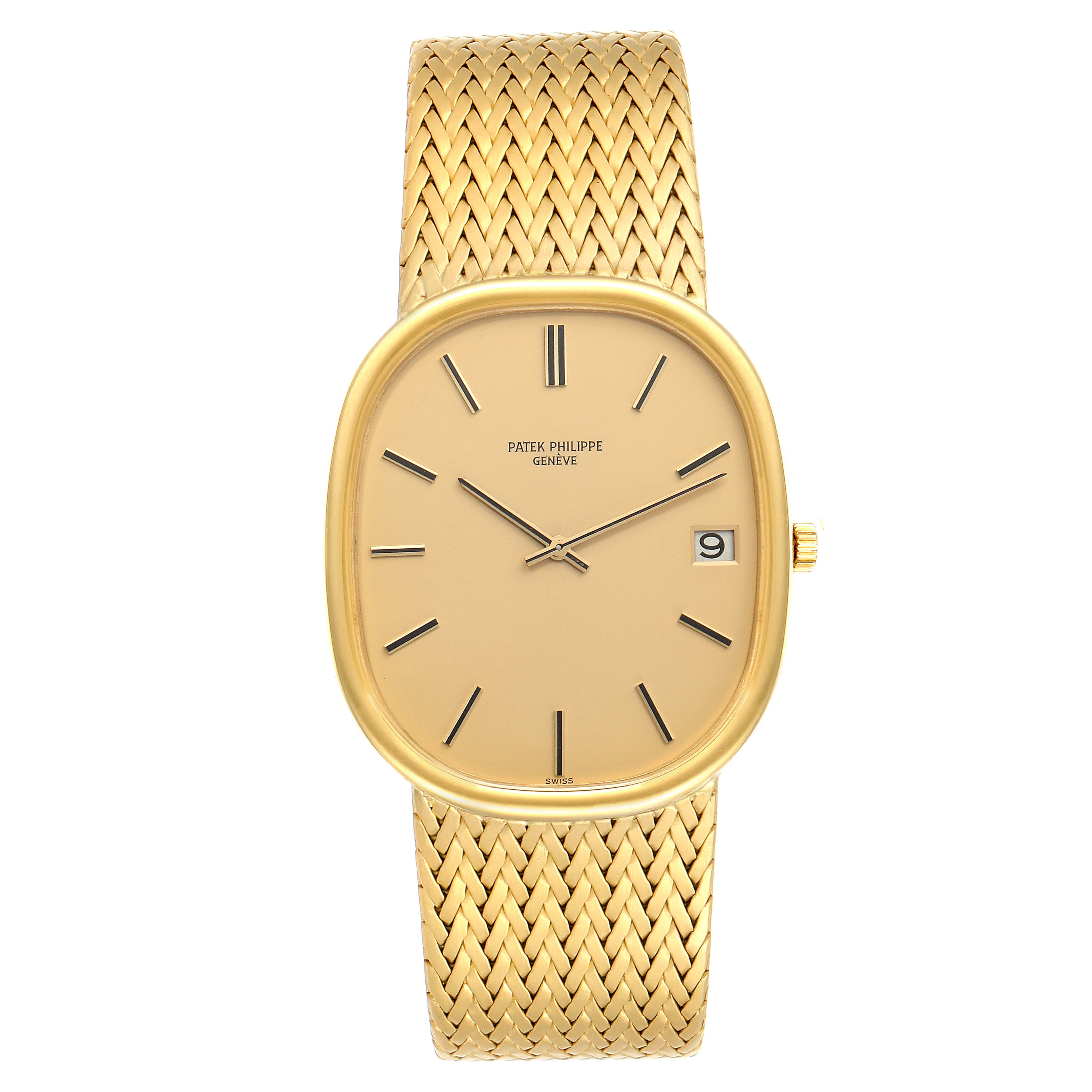 The image shows a frontal view of the Patek Philippe Golden Ellipse 3605 Men
s Yellow Gold Champagne Dial 3605 Men
s Yellow Gold Champagne Dial watch, displaying its dial, case, and woven bracelet.