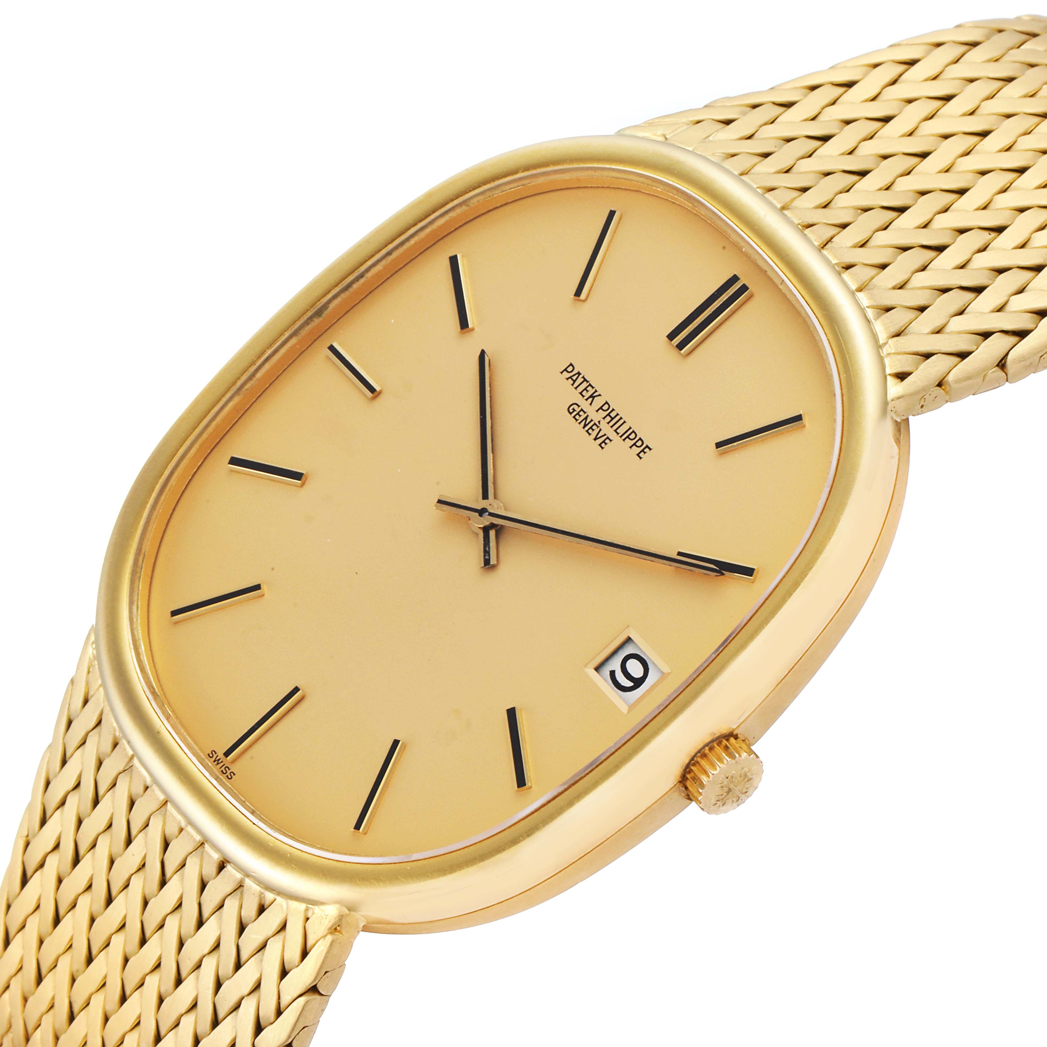 The Patek Philippe Golden Ellipse 3605 Men
s Yellow Gold Champagne Dial 3605 Men
s Yellow Gold Champagne Dial watch is shown at an angle displaying the face, date window, and part of the golden woven strap.