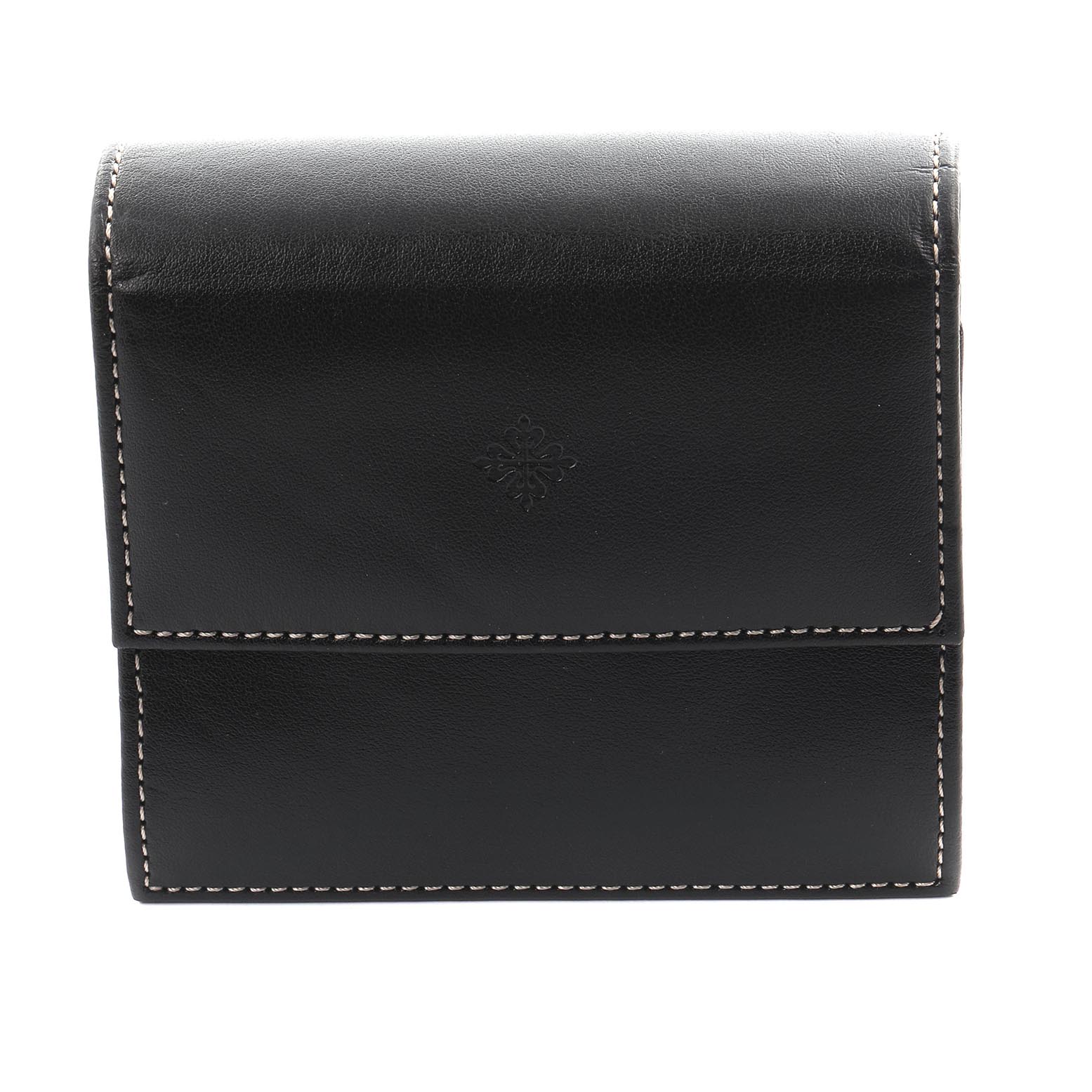 This image shows a front view of a black leather case with white stitching for the Patek Philippe Twenty-4 4910/10A Women's Stainless Steel Silver Dial 4910/10A Women's Stainless Steel Silver Dial model.